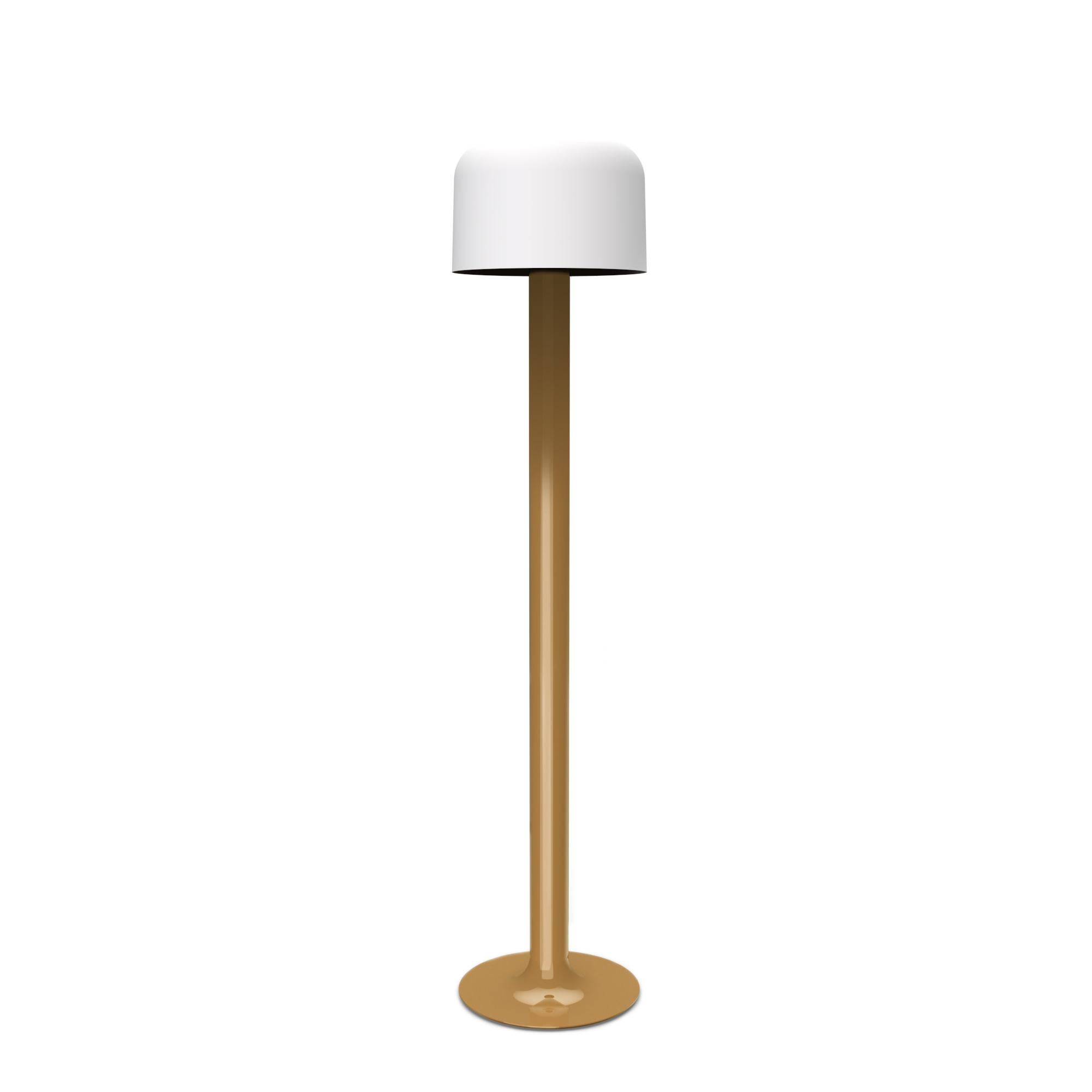 Michel Mortier 10527 metal and glass floor lamp for Disderot in chamois.

Originally designed in 1972, this sculptural floor lamp is a newly produced numbered edition with an authentication certificate. Made in France by Disderot with many of the