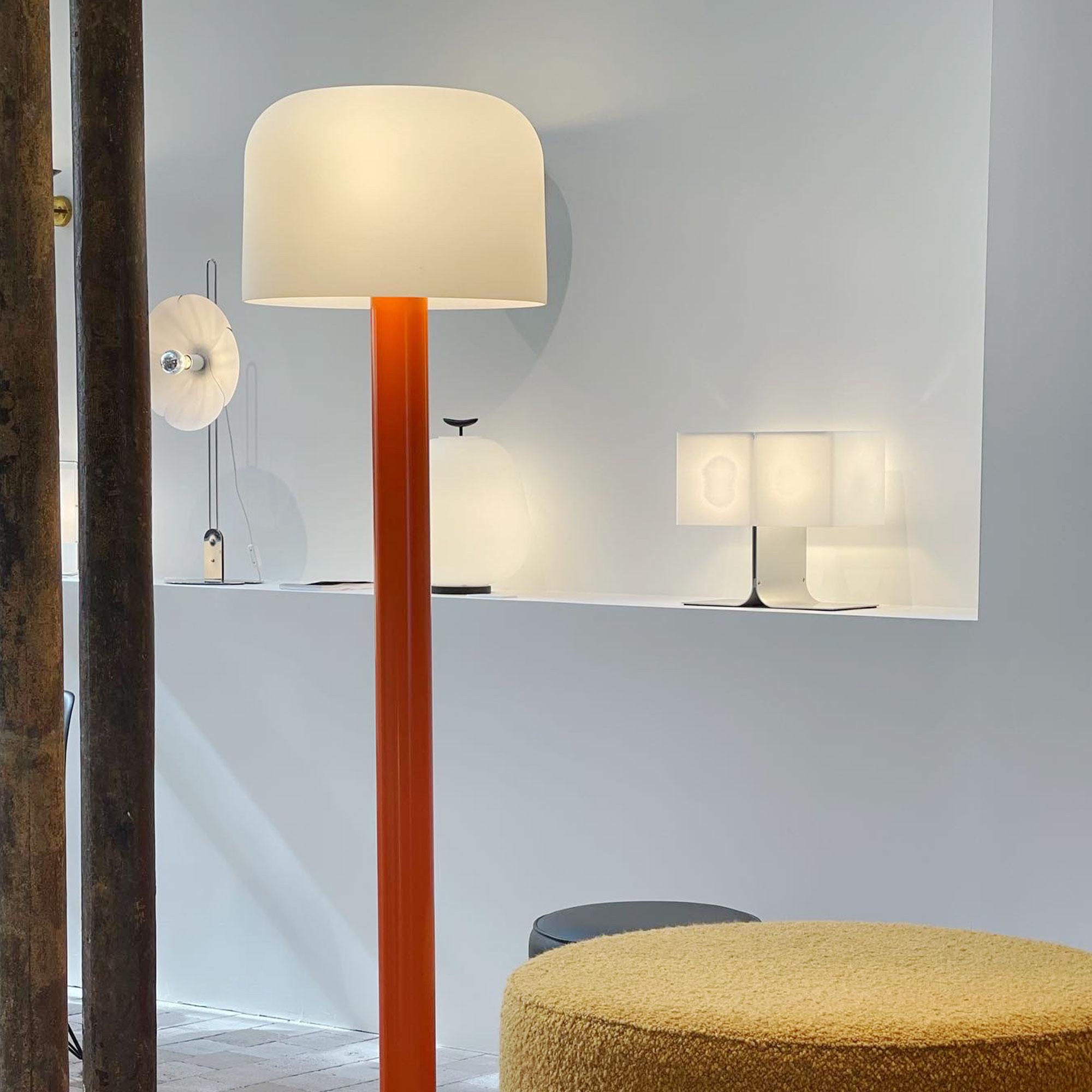 Michel Mortier 10527 metal and glass floor lamp for Disderot in orange.

Originally designed in 1972, this sculptural floor lamp is a newly produced numbered edition with an authentication certificate. Made in France by Disderot with many of the