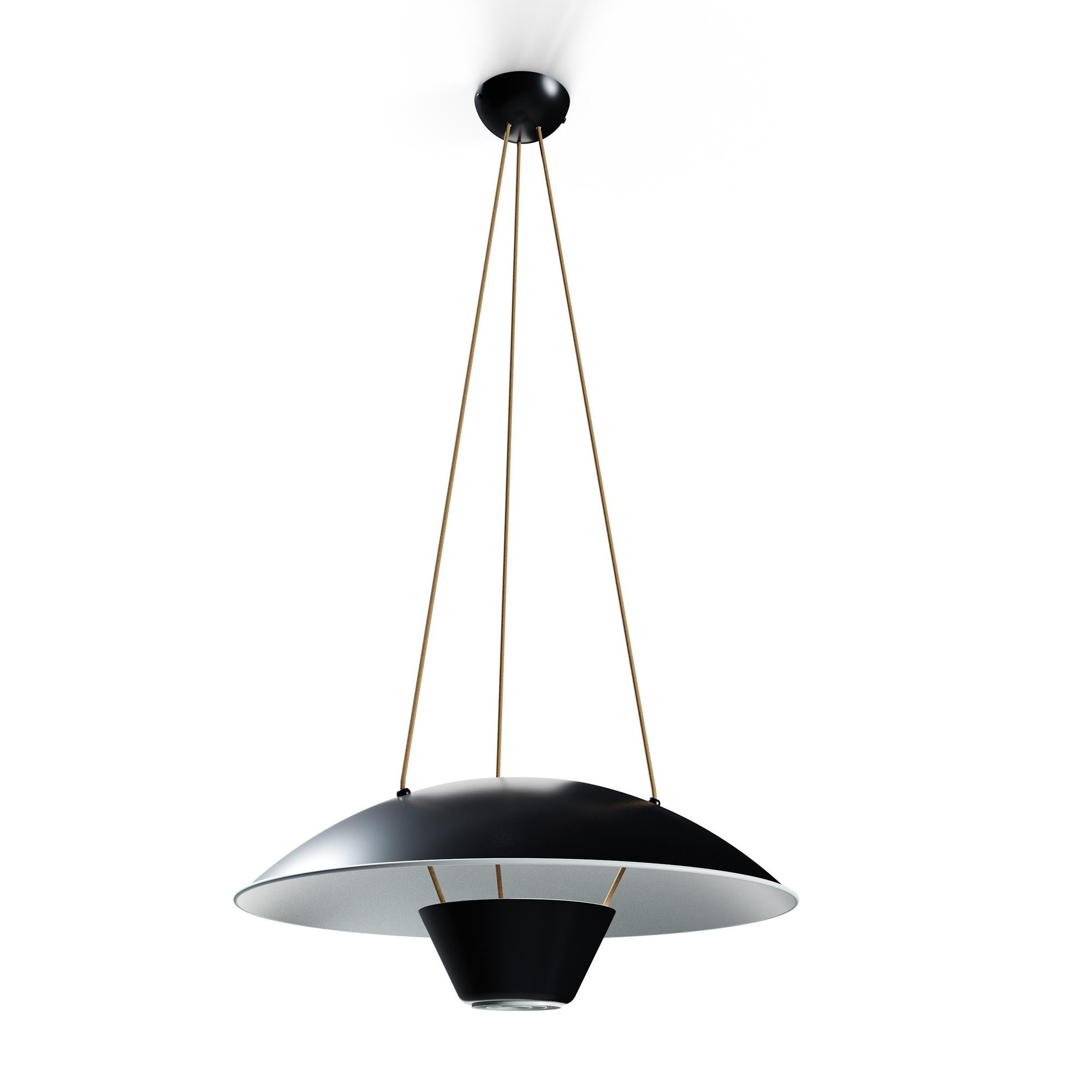Michel Mortier M4 suspension lamp in black for Disderot. Originally designed in 1952, this sculptural lamp is a newly produced numbered edition with authentication certificate made in France by Disderot with many of the same small-scale