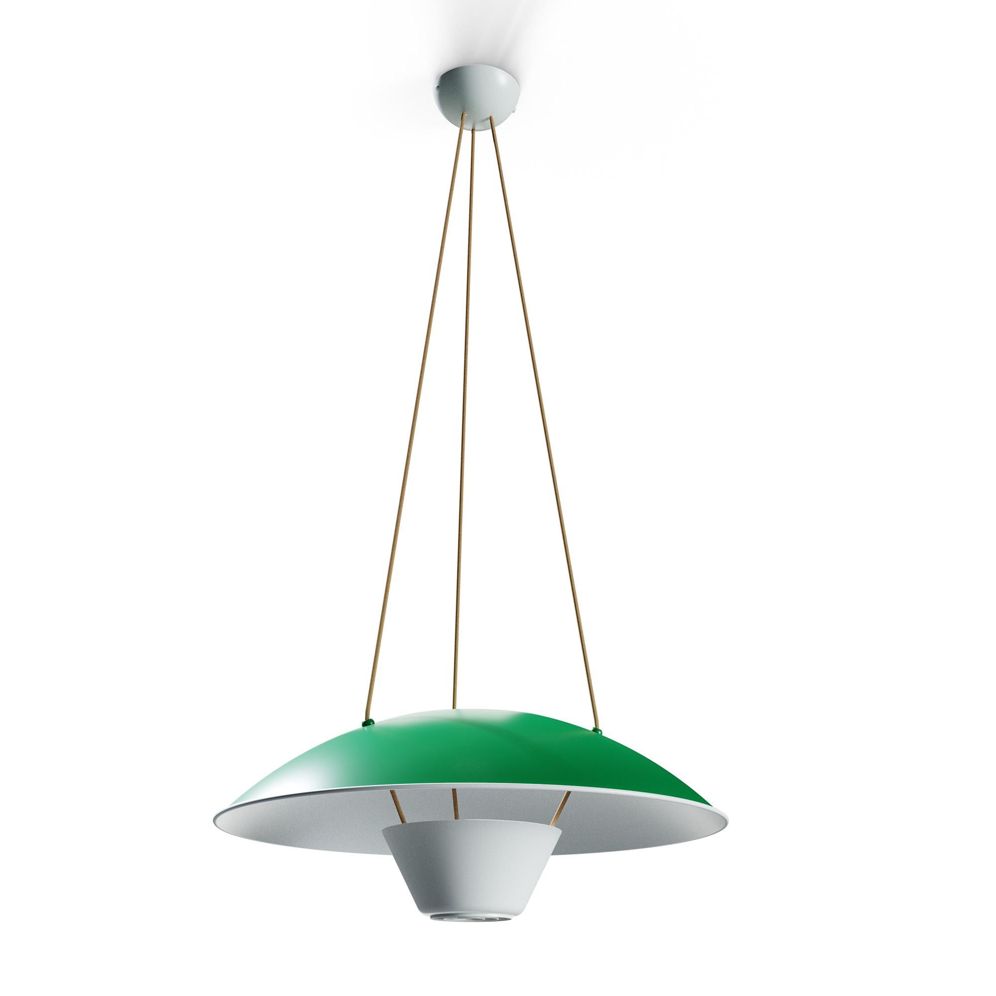 Michel Mortier M4 suspension lamp in green for Disderot. Originally designed in 1952, this sculptural lamp is a newly produced numbered edition with authentication certificate made in France by Disderot with many of the same small-scale
