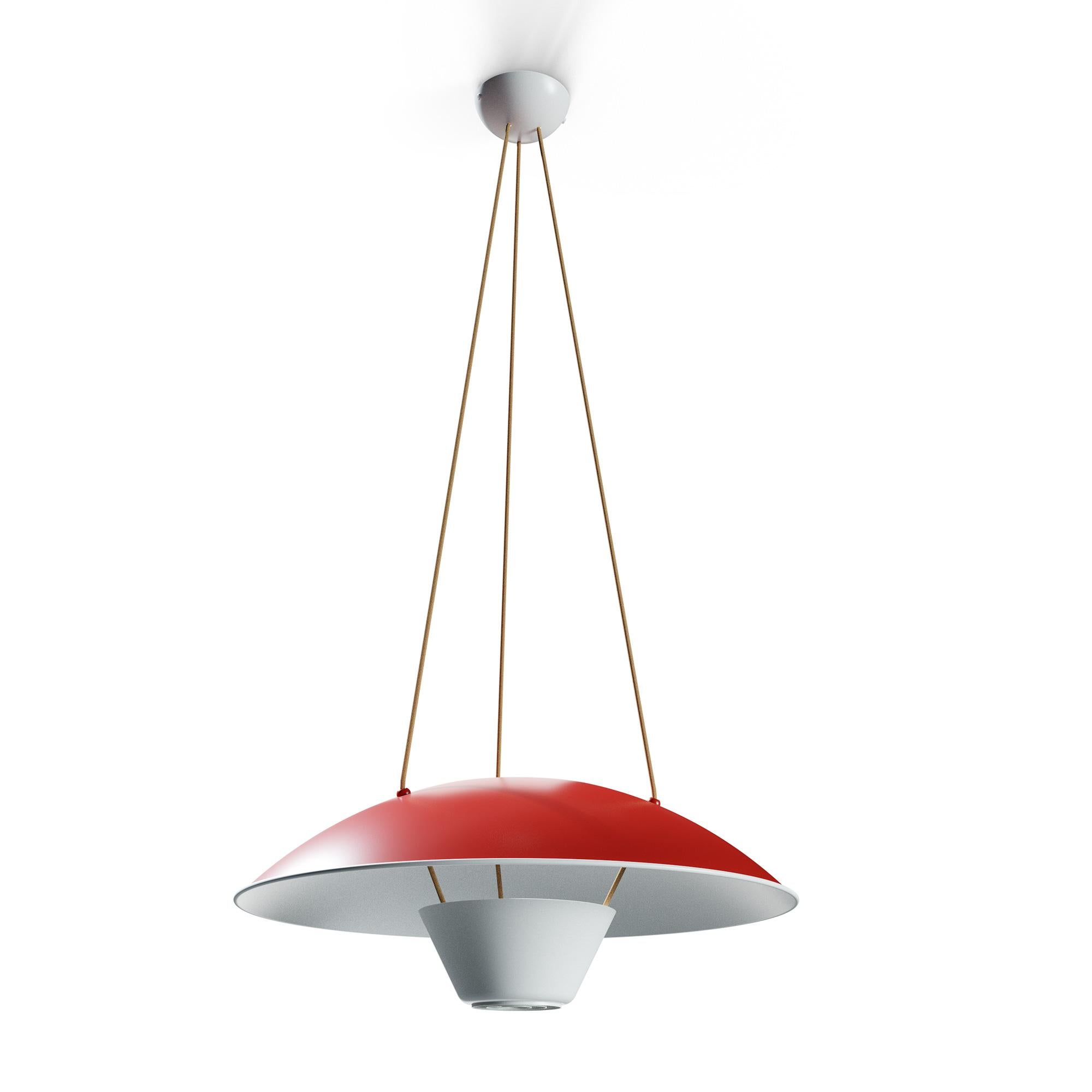 Michel Mortier M4 suspension lamp in red for Disderot. Originally designed in 1952, this sculptural lamp is a newly produced numbered edition with authentication certificate made in France by Disderot with many of the same small-scale manufacturing
