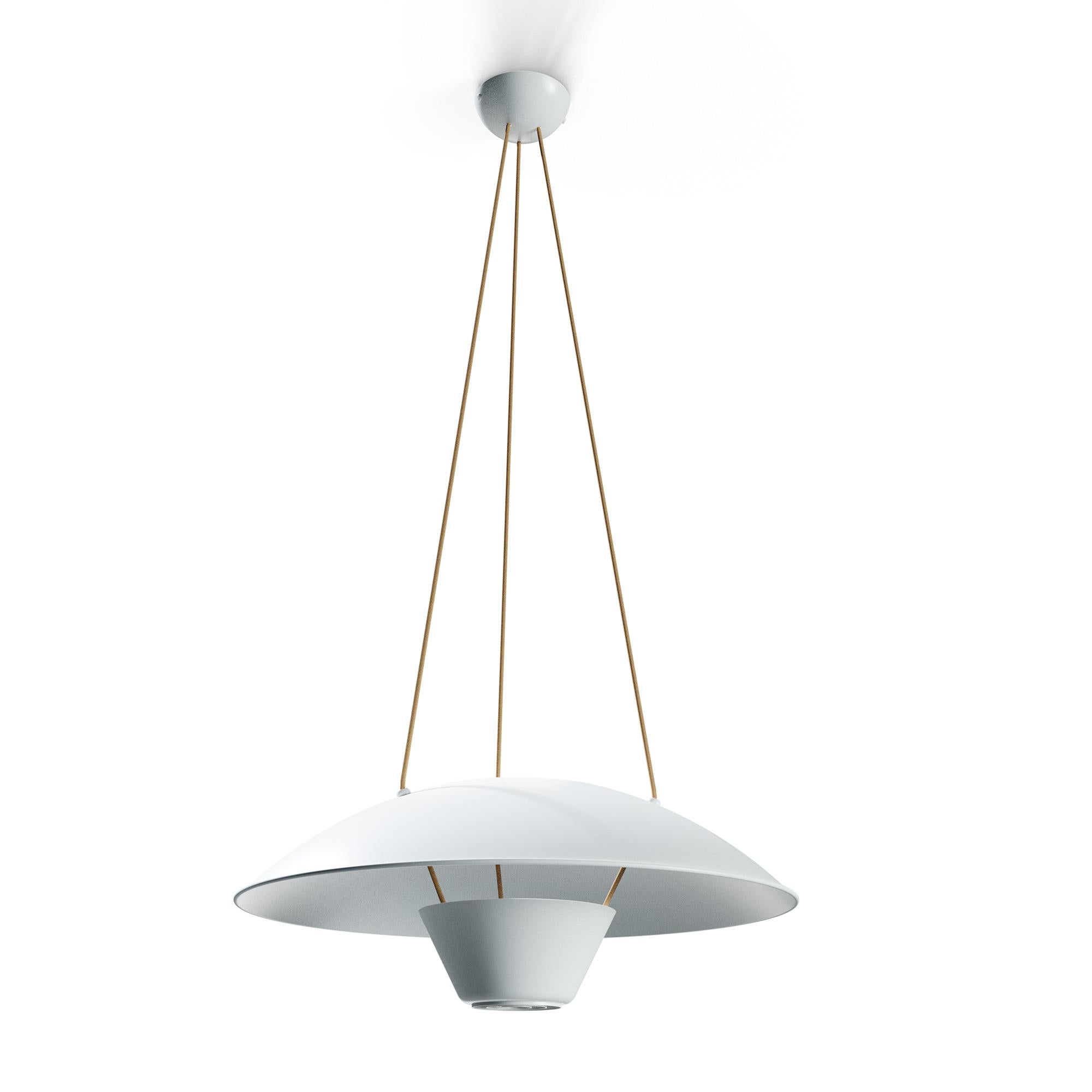 Michel Mortier M4 suspension lamp in white for Disderot. Originally designed in 1952, this sculptural lamp is a newly produced numbered edition with authentication certificate made in France by Disderot with many of the same small-scale
