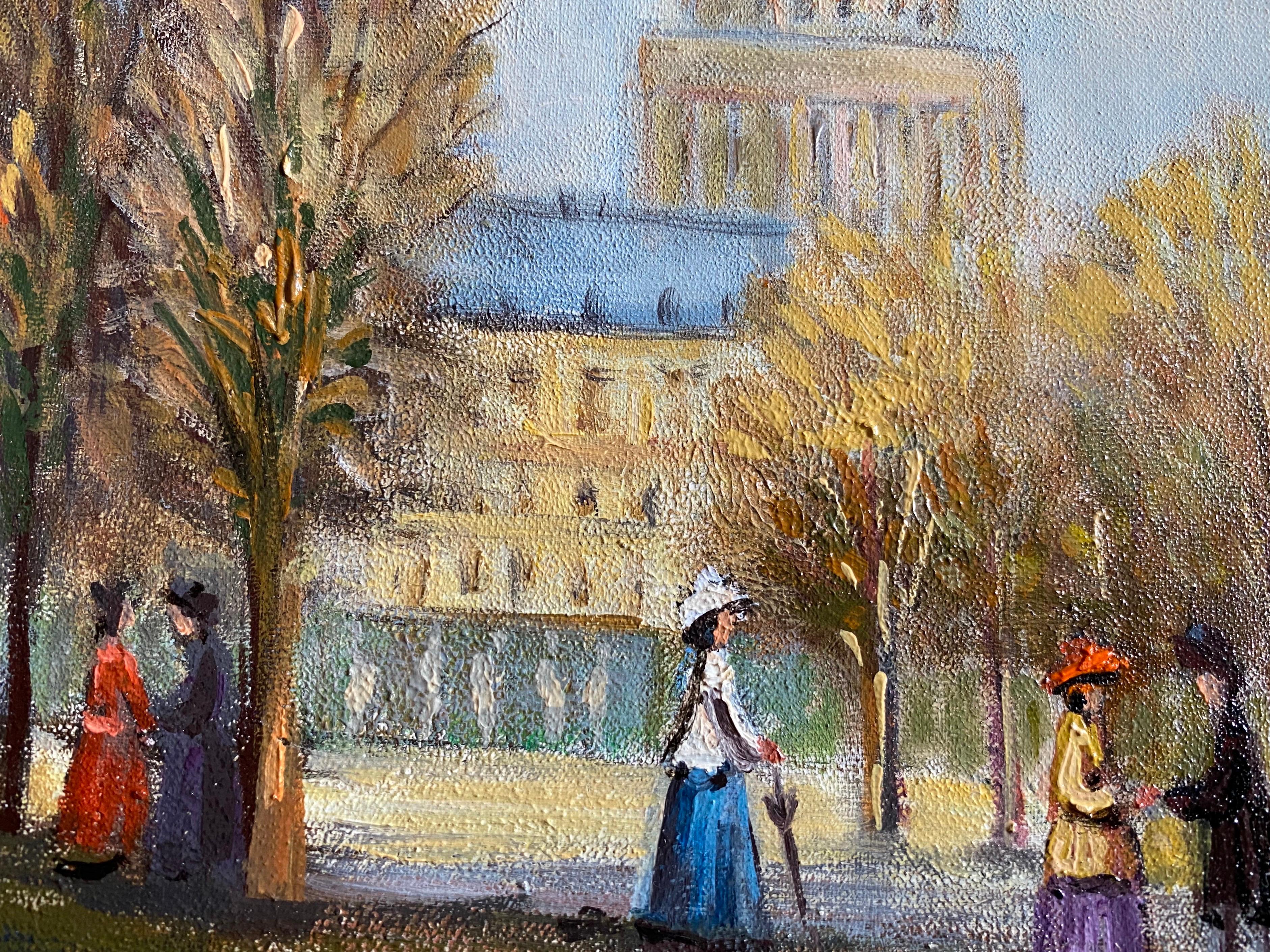 Hermosa Escena de Parque Parisino Figuras de Moda - Landscape Painting Gris de Michel Pabois
