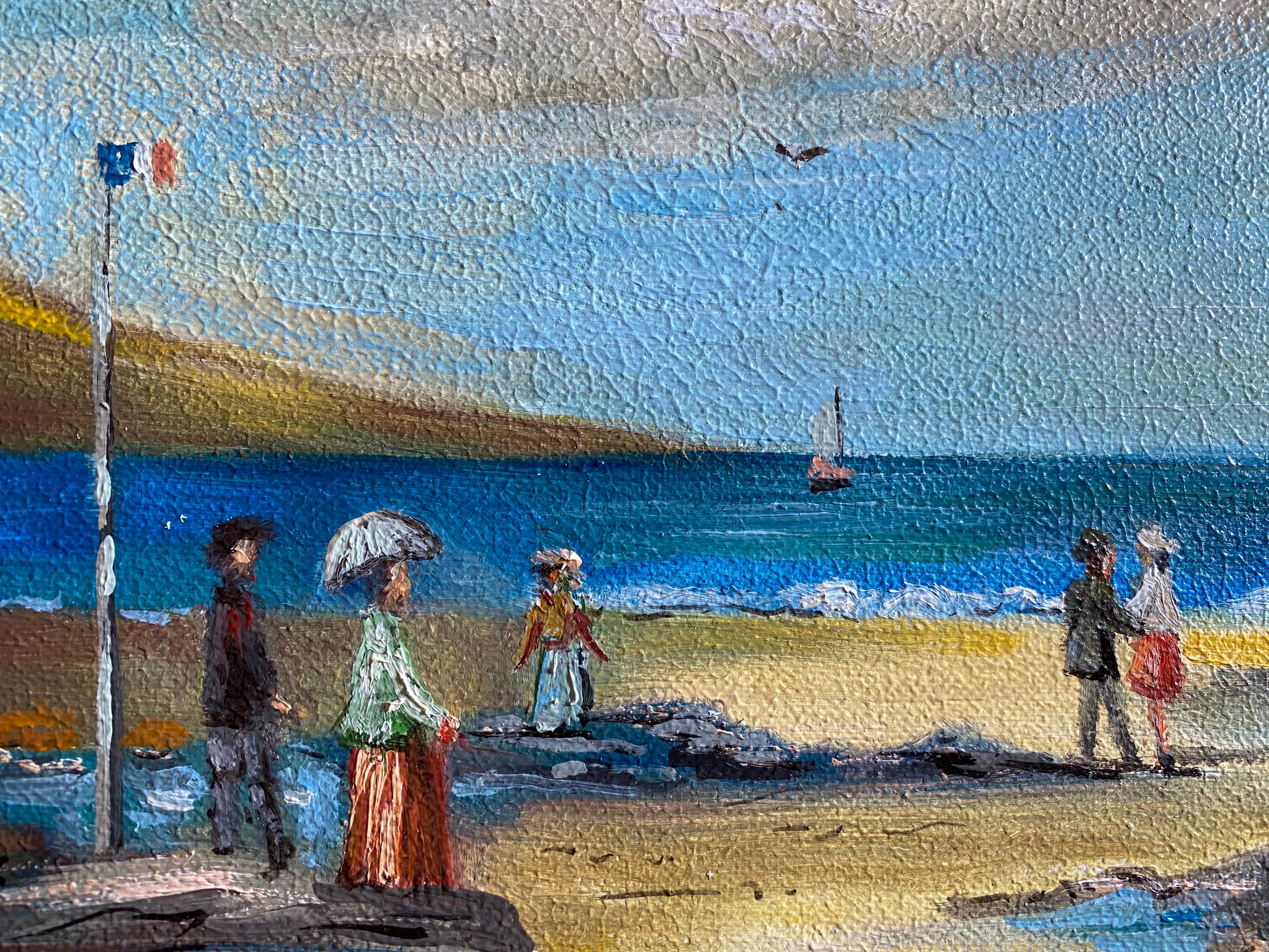Elegant Figures Enjoying A Day At A French Beach - Painting by Michel Pabois