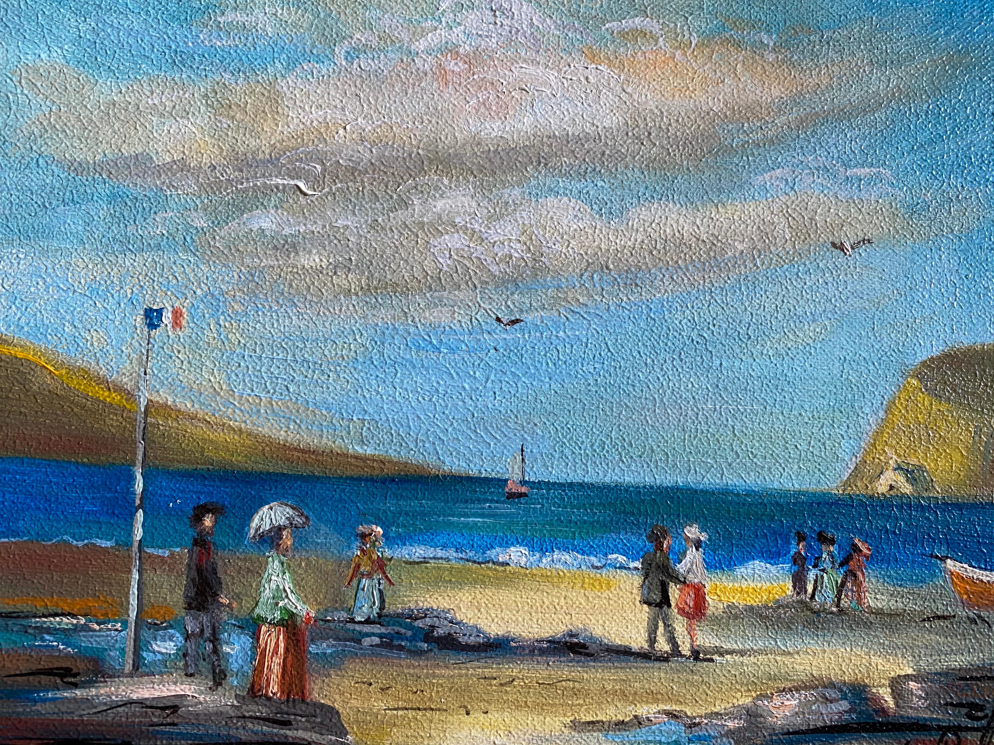 Figures élégantes profitant d'une journée sur une plage française - Impressionnisme Painting par Michel Pabois