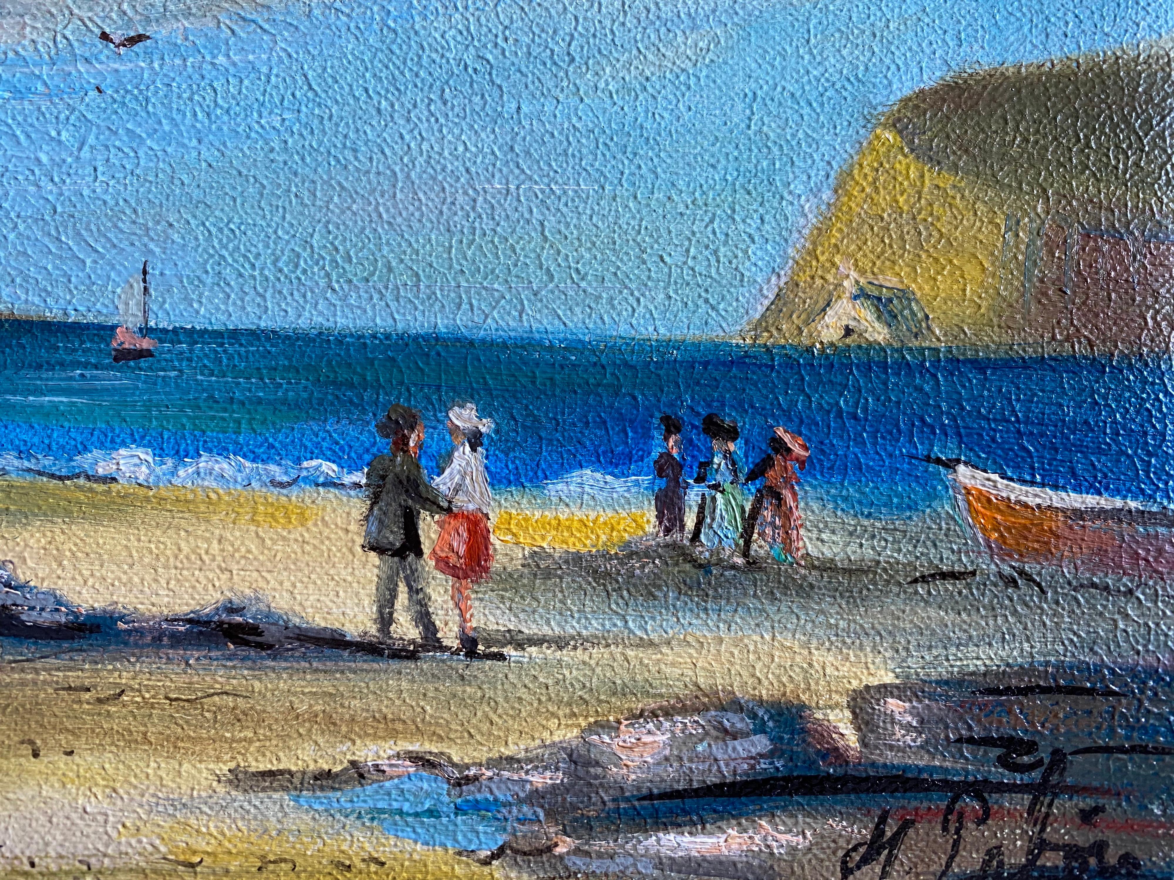 Figures élégantes profitant d'une journée sur une plage française - Gris Figurative Painting par Michel Pabois