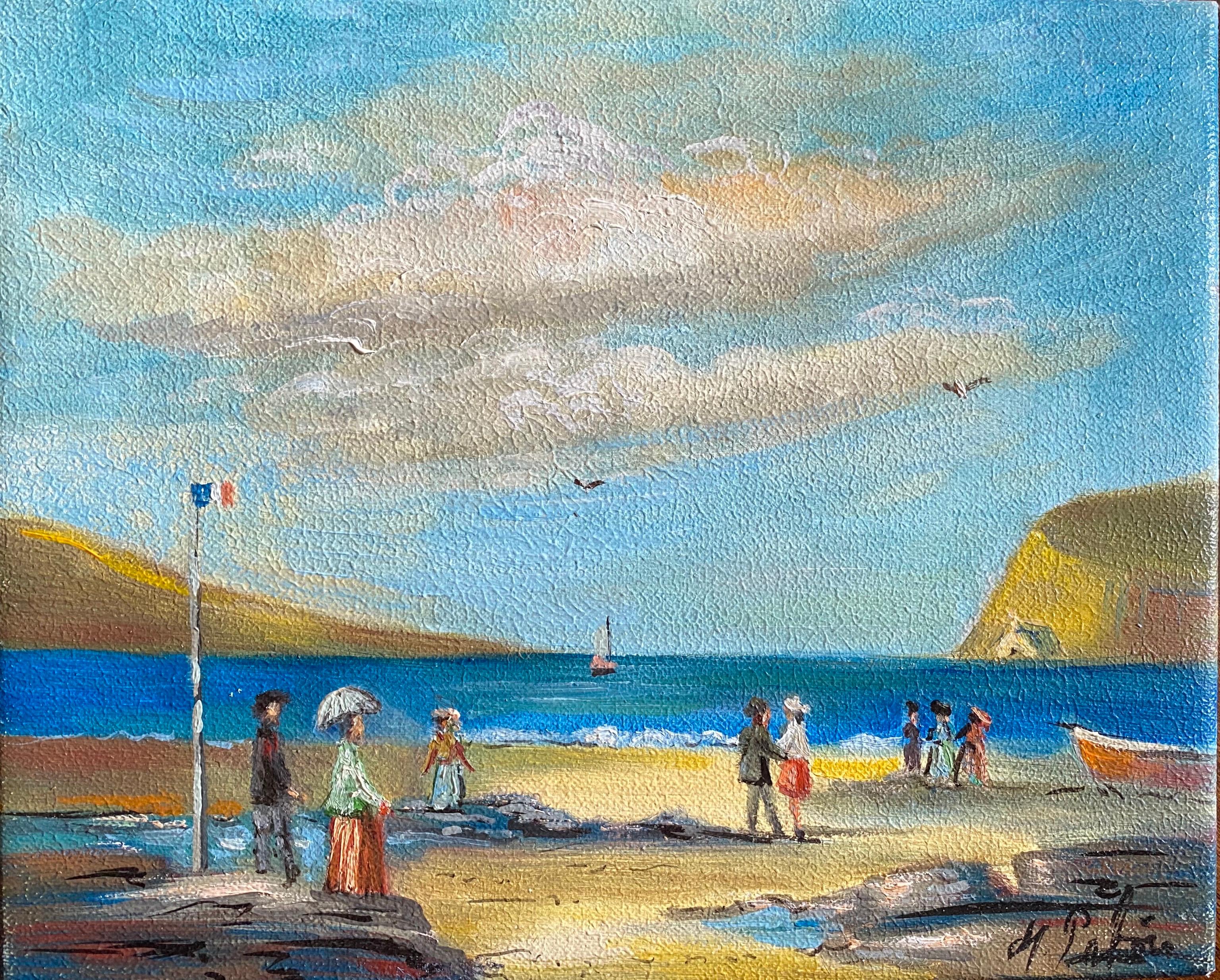 Figurative Painting di Michel Pabois - Figure eleganti che si godono una giornata in una spiaggia francese