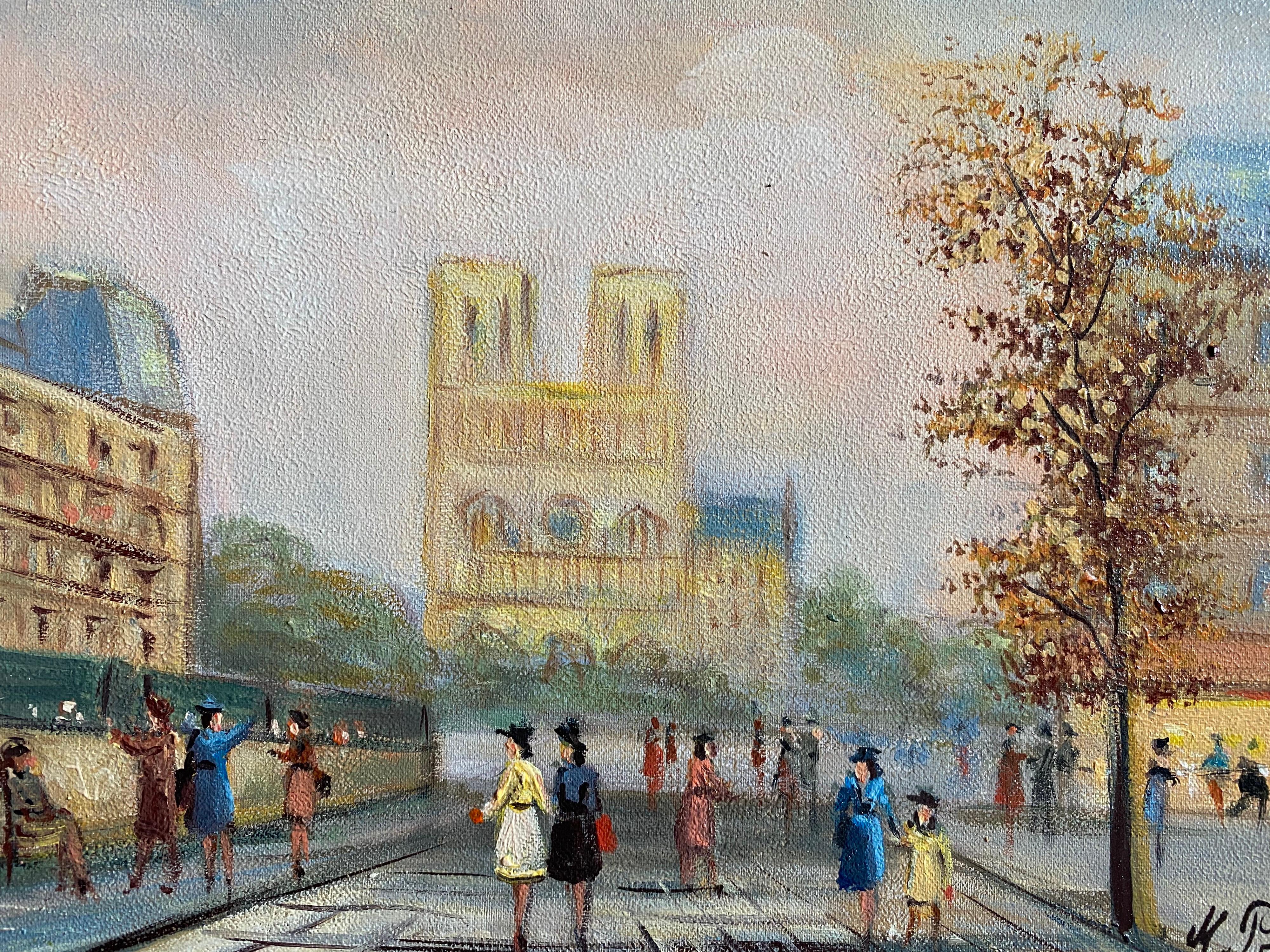 Notre Dame Paris Fashionable Figures Colourful Clothing  - Painting by Michel Pabois