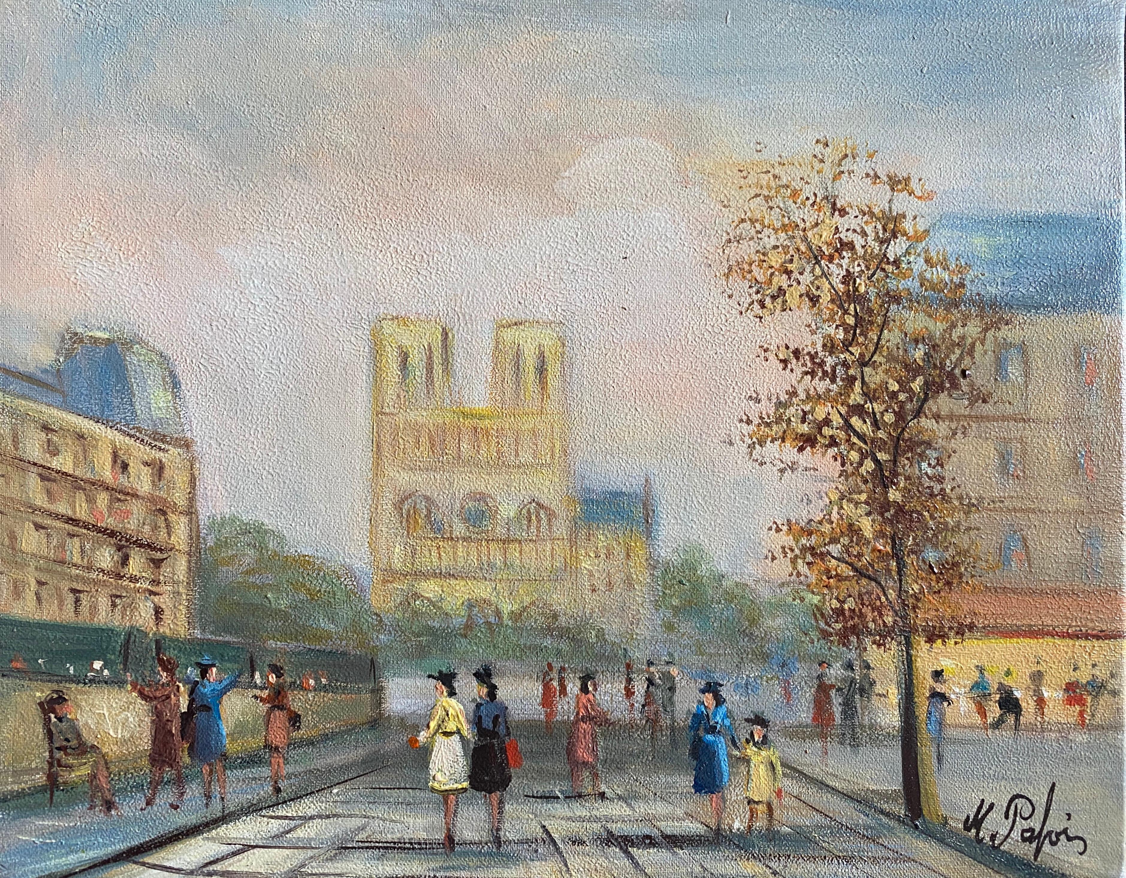 Michel Pabois Landscape Painting - Notre Dame Paris Fashionable Figures Colourful Clothing 