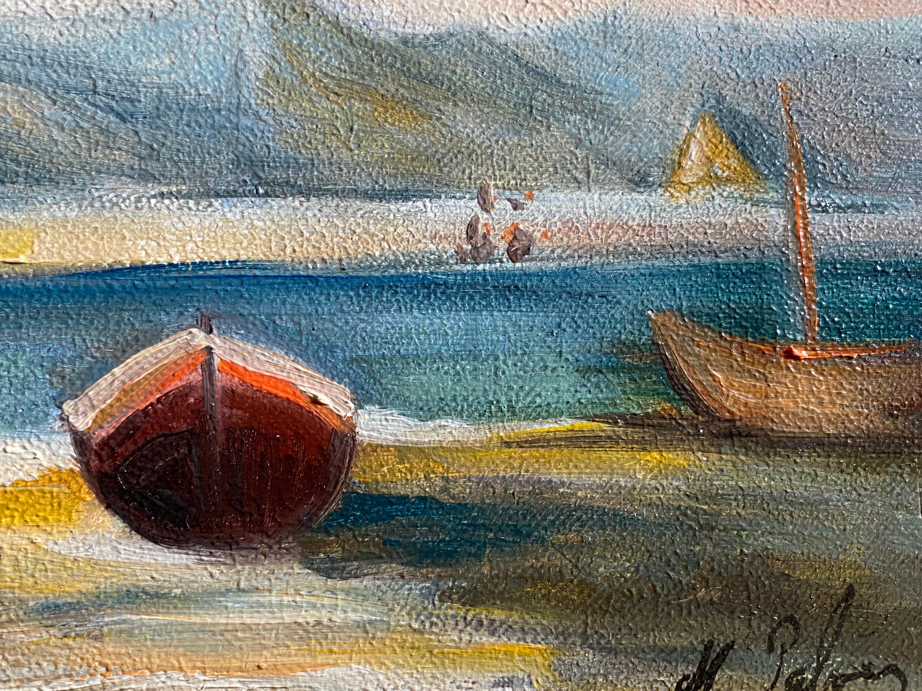 Scène de bateaux paisibles en France - Impressionnisme Painting par Michel Pabois