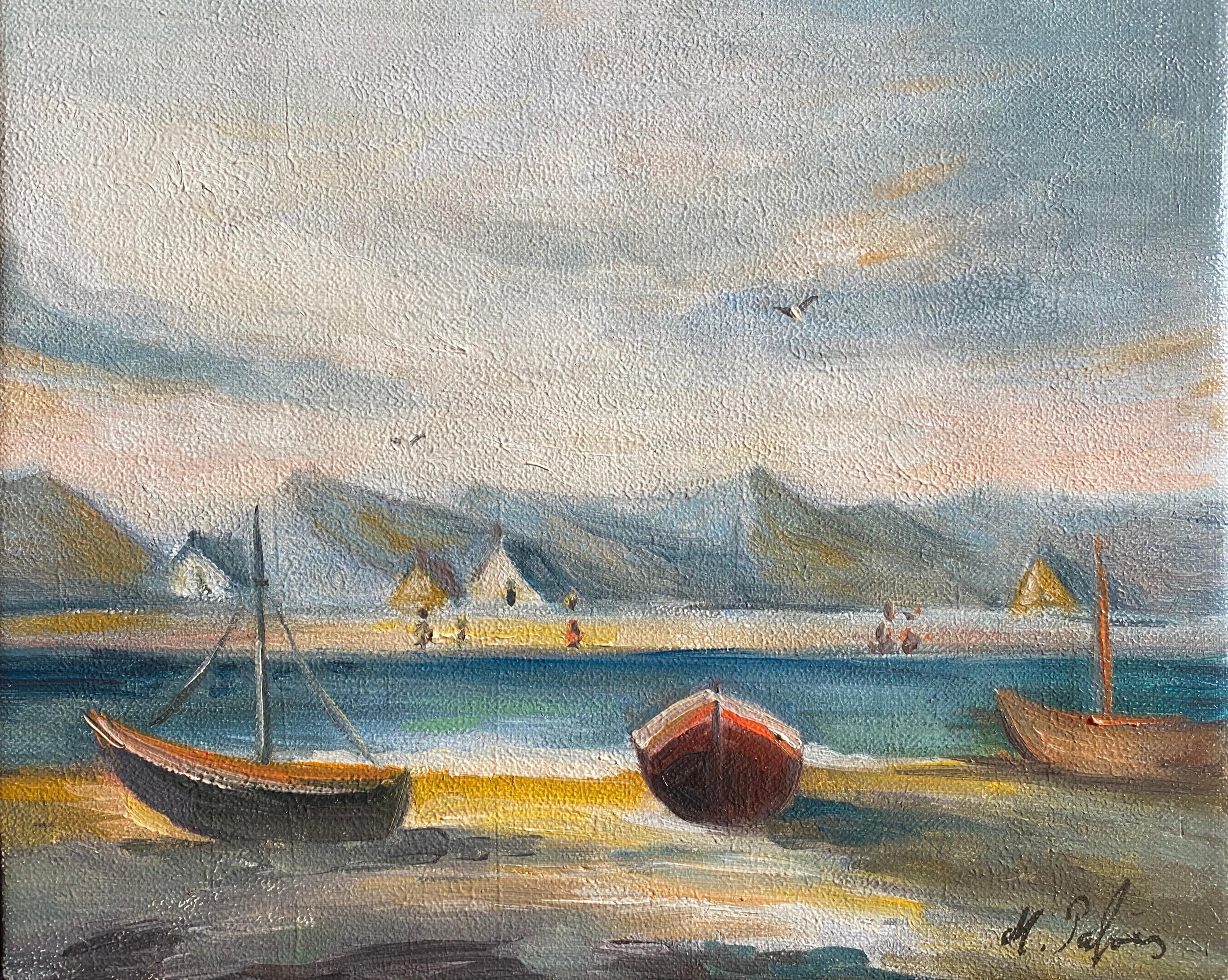 Figurative Painting de Michel Pabois - Tranquila escena en barco en Francia