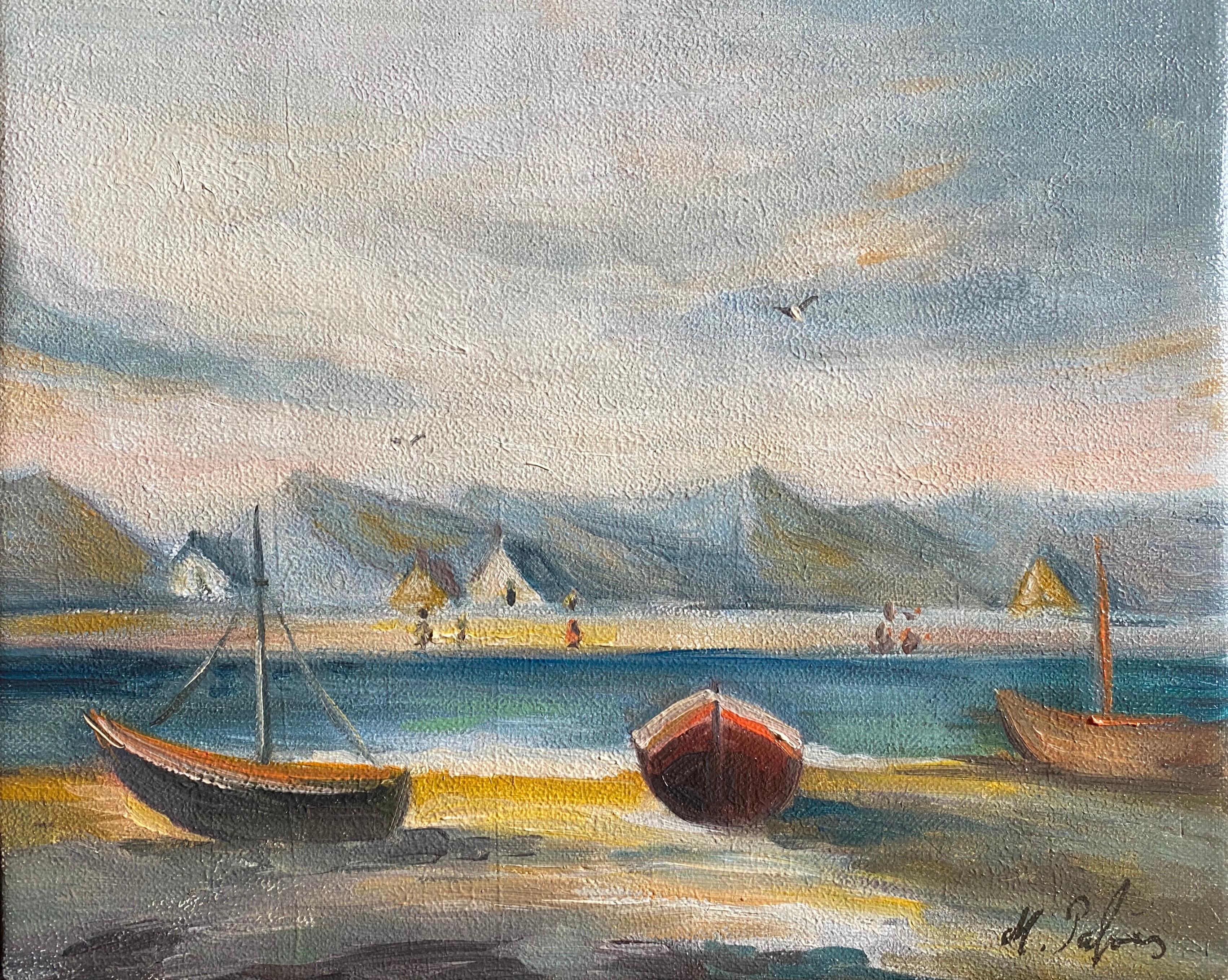 Figurative Painting Michel Pabois - Scène de bateaux paisibles en France