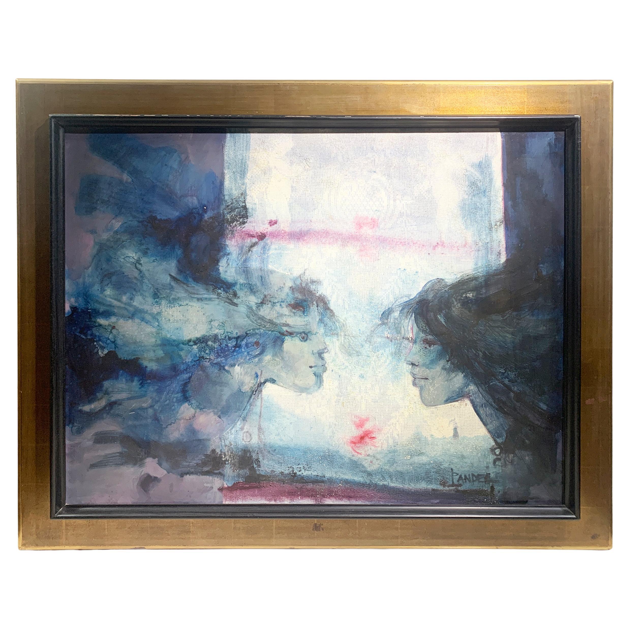 Michel Pandel, "Les Amoureux" , Mid-Century French Surrealist Painting, Signed