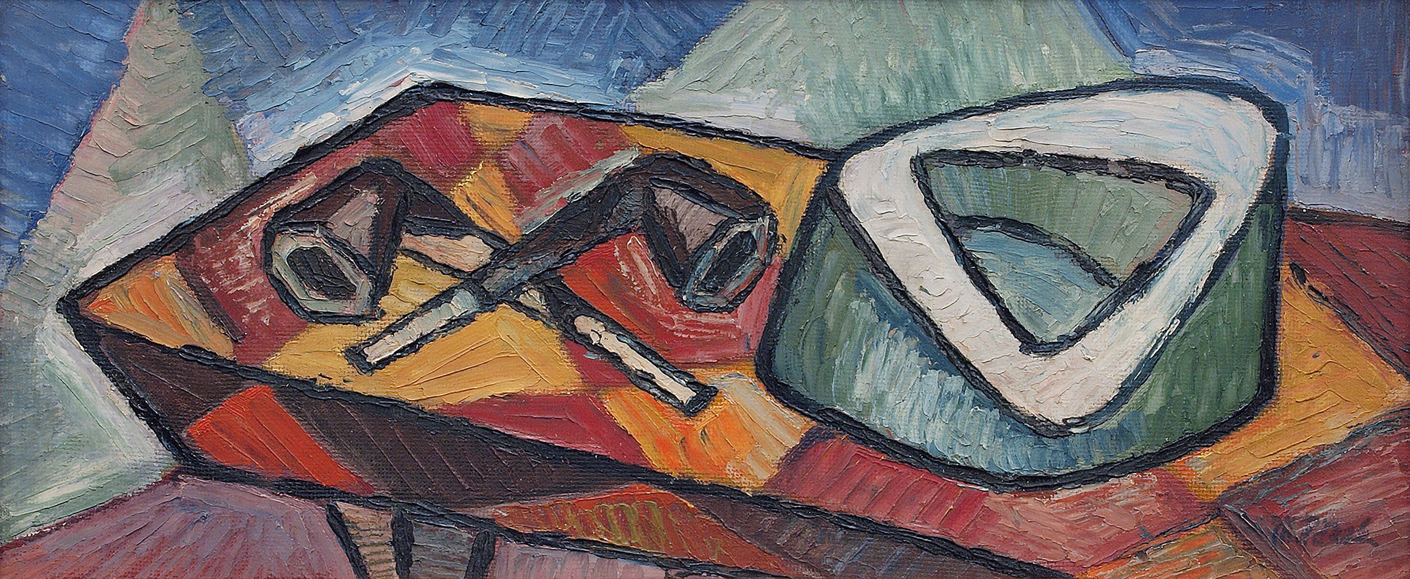 Abstraktes Stillleben, geometrisches modernes Ölgemälde mit Tabakpfeifen, 1940er Jahre – Painting von Michel Patrix