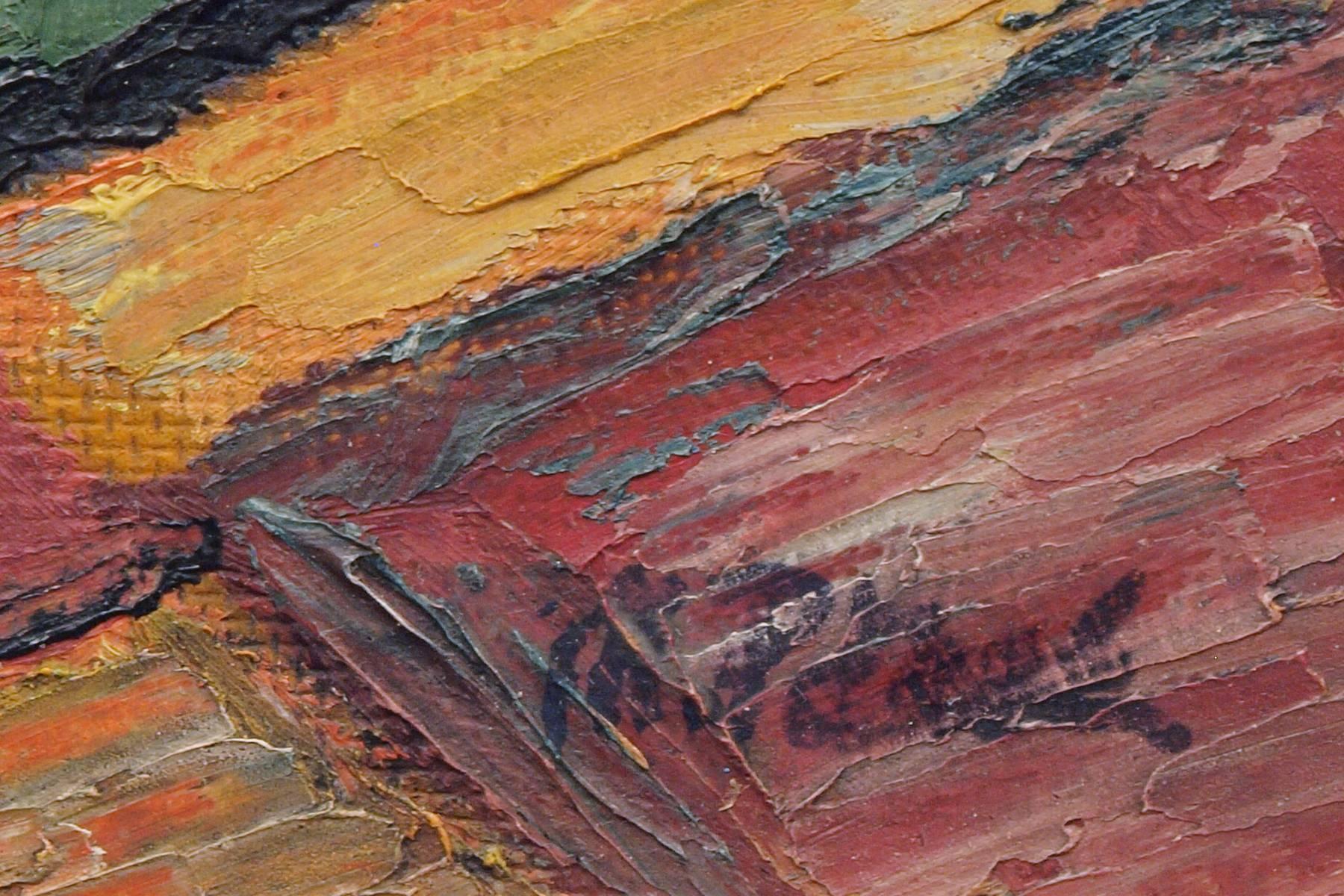Questa natura morta originale di Michel Patrix (1917-1973), modernista francese del XX secolo, presenta un'impressionante composizione di due pipe da tabacco, che mette in mostra l'abile uso di form A e del colore. Dipinto in uno stile modernista