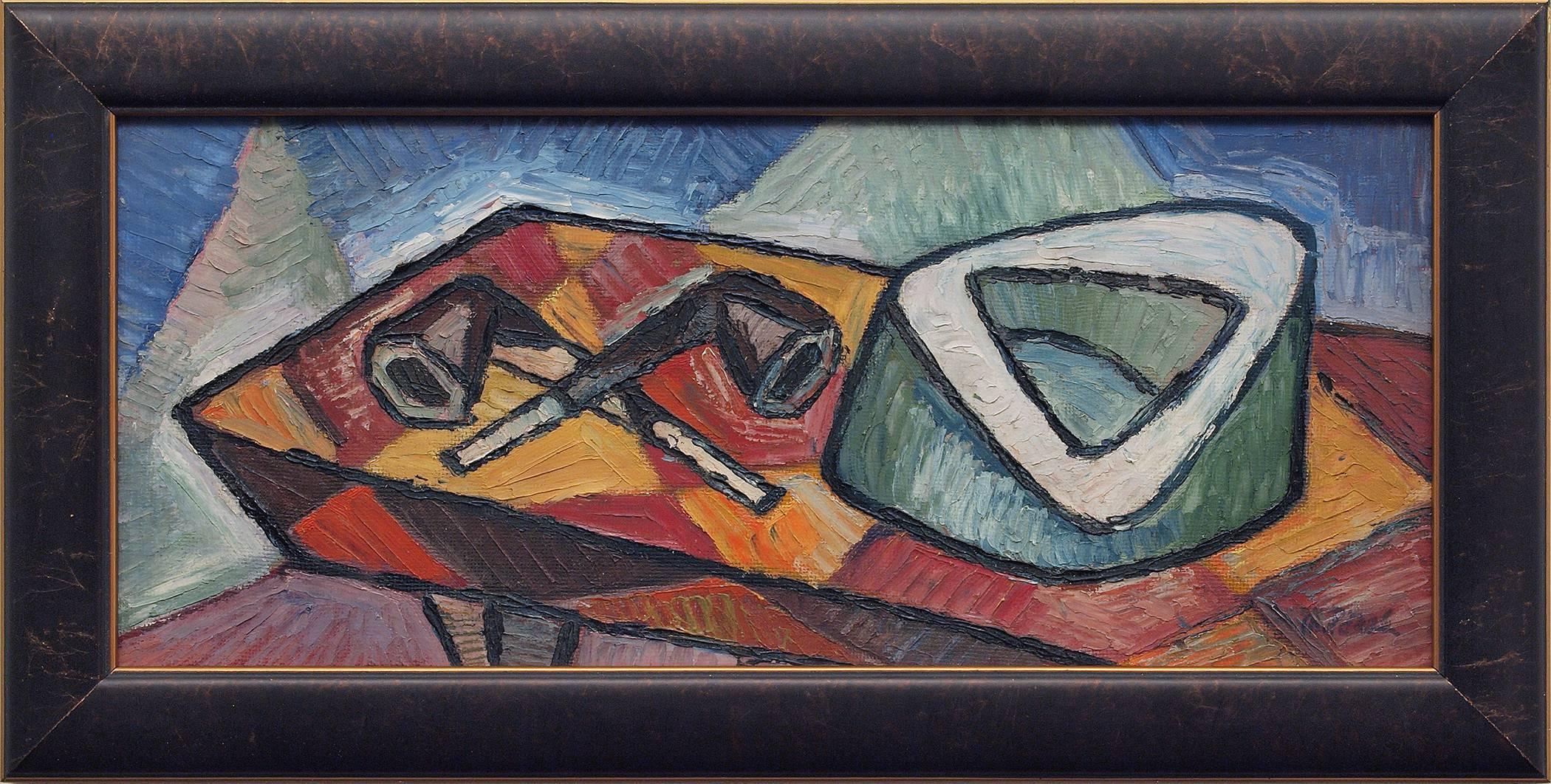 Abstraktes abstraktes Stillleben mit Tabakpfeifen, geometrisches modernes Ölgemälde aus den 1940er Jahren (Moderne), Painting, von Michel Patrix