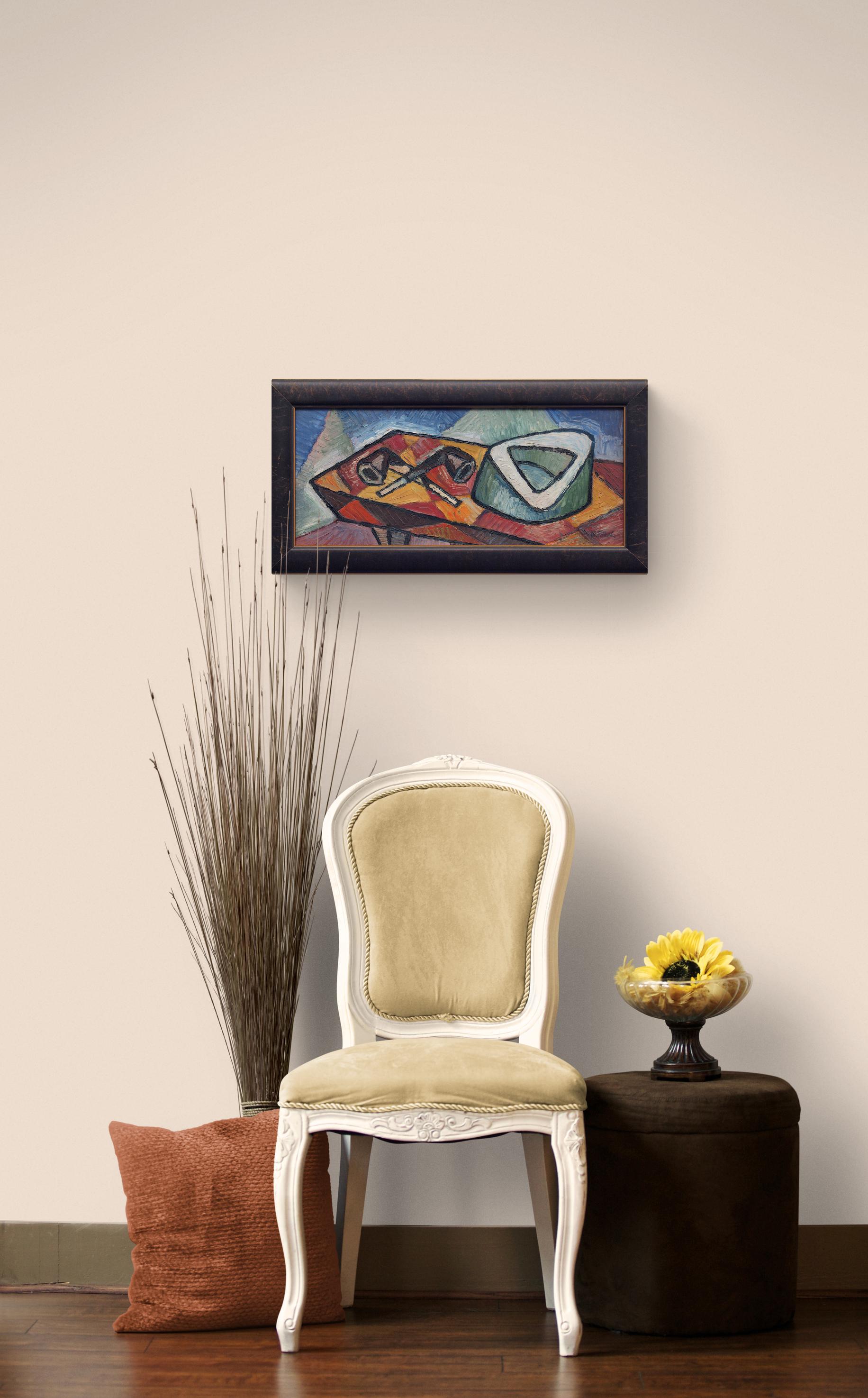 Pittura ad olio moderna astratta degli anni '40 con natura morta geometrica e pipe di tabacco in vendita 4