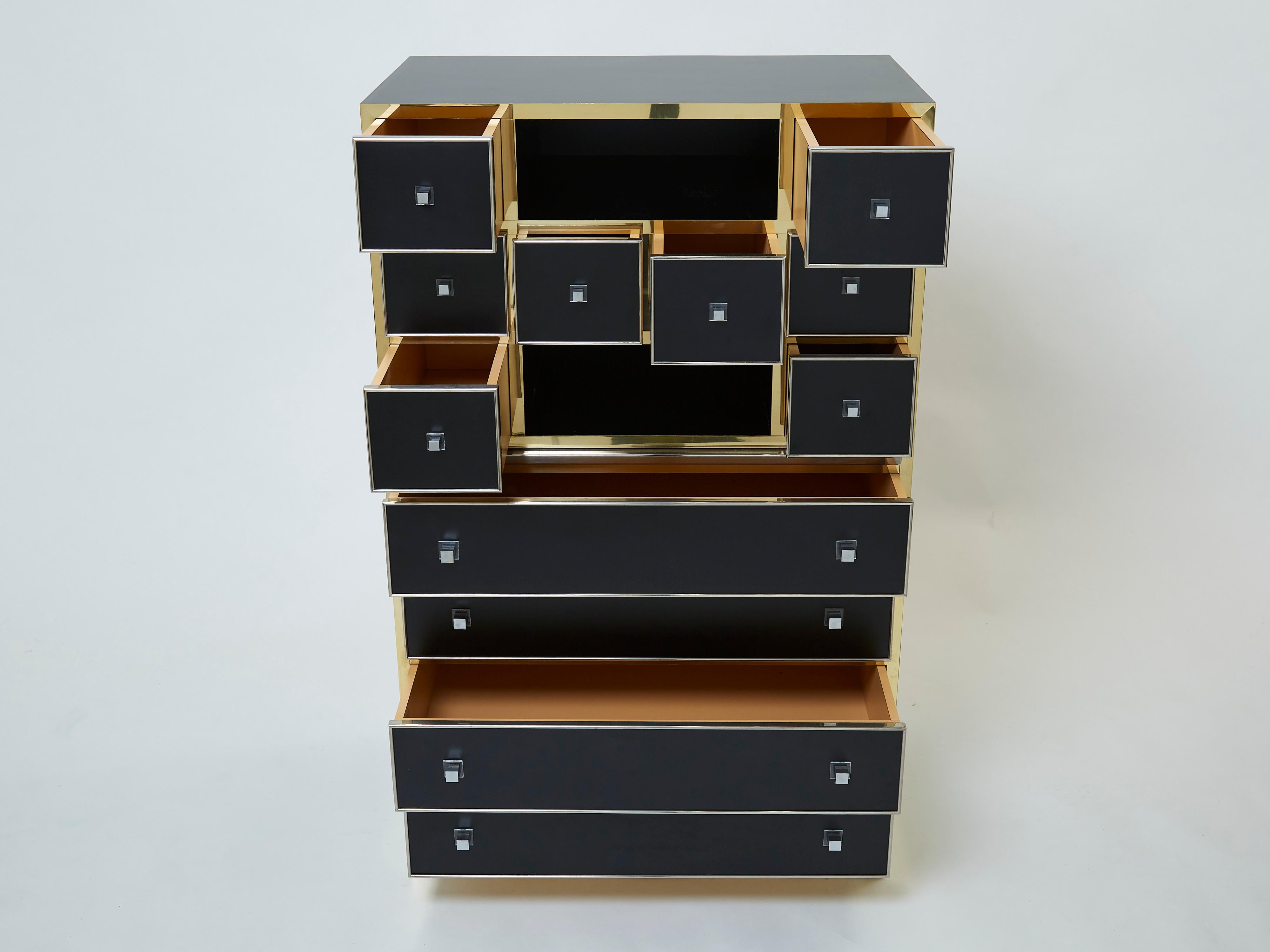 Michel Pigneres Brass Chrome Black Cabinet Secretaire, 1970s For Sale 5