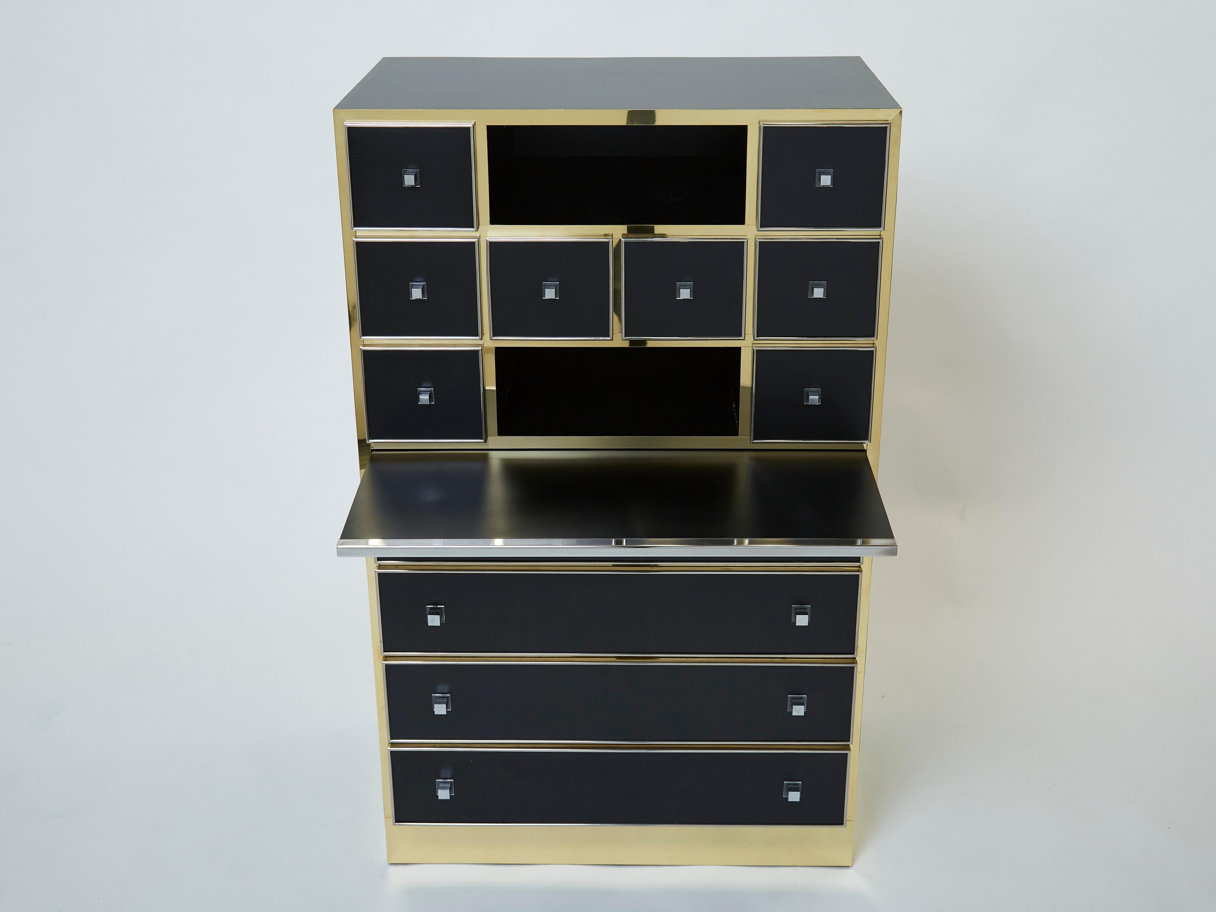 Michel Pigneres Brass Chrome Black Cabinet Secretaire, 1970s For Sale 7