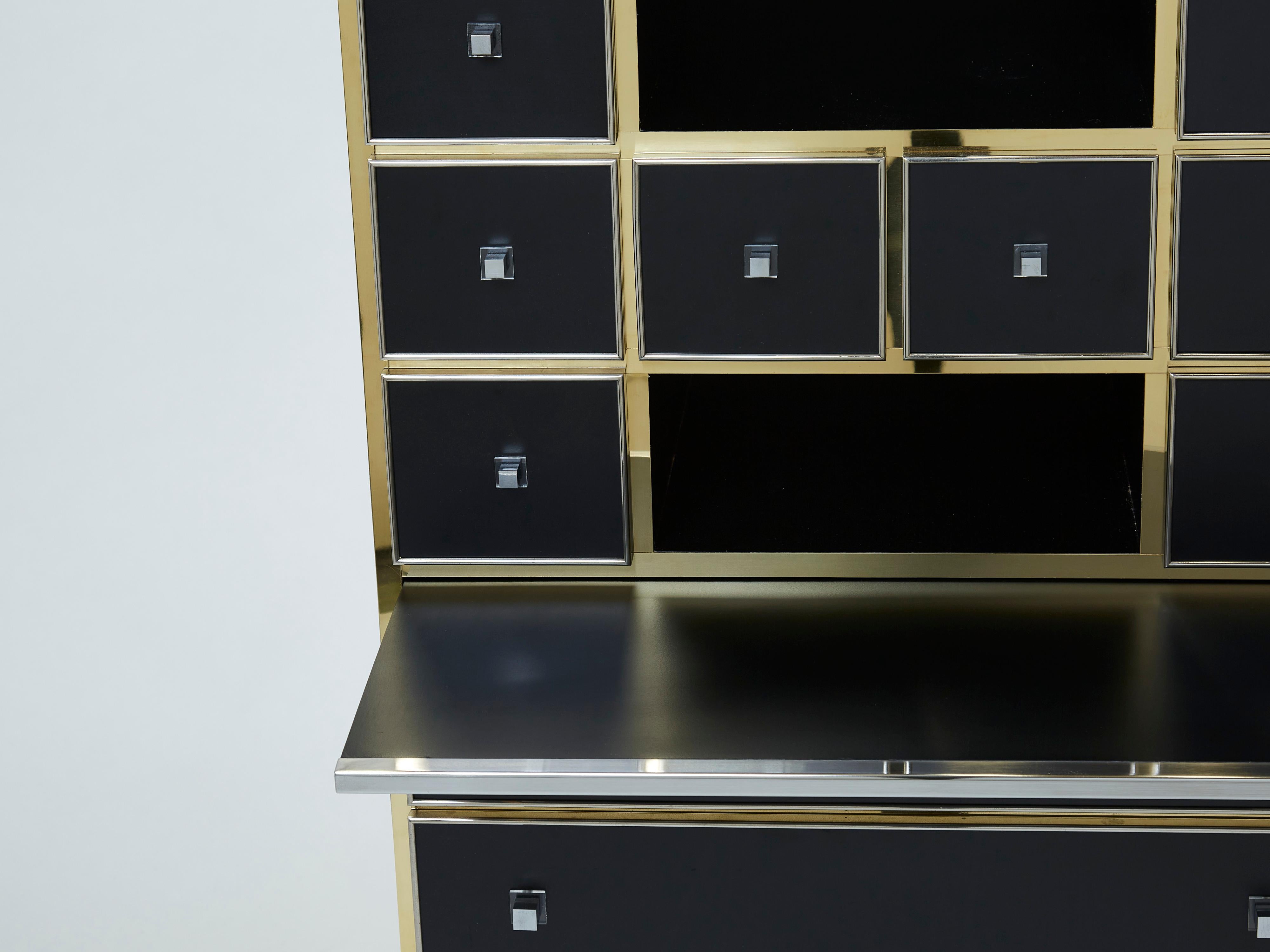 Michel Pigneres Brass Chrome Black Cabinet Secretaire, 1970s For Sale 8
