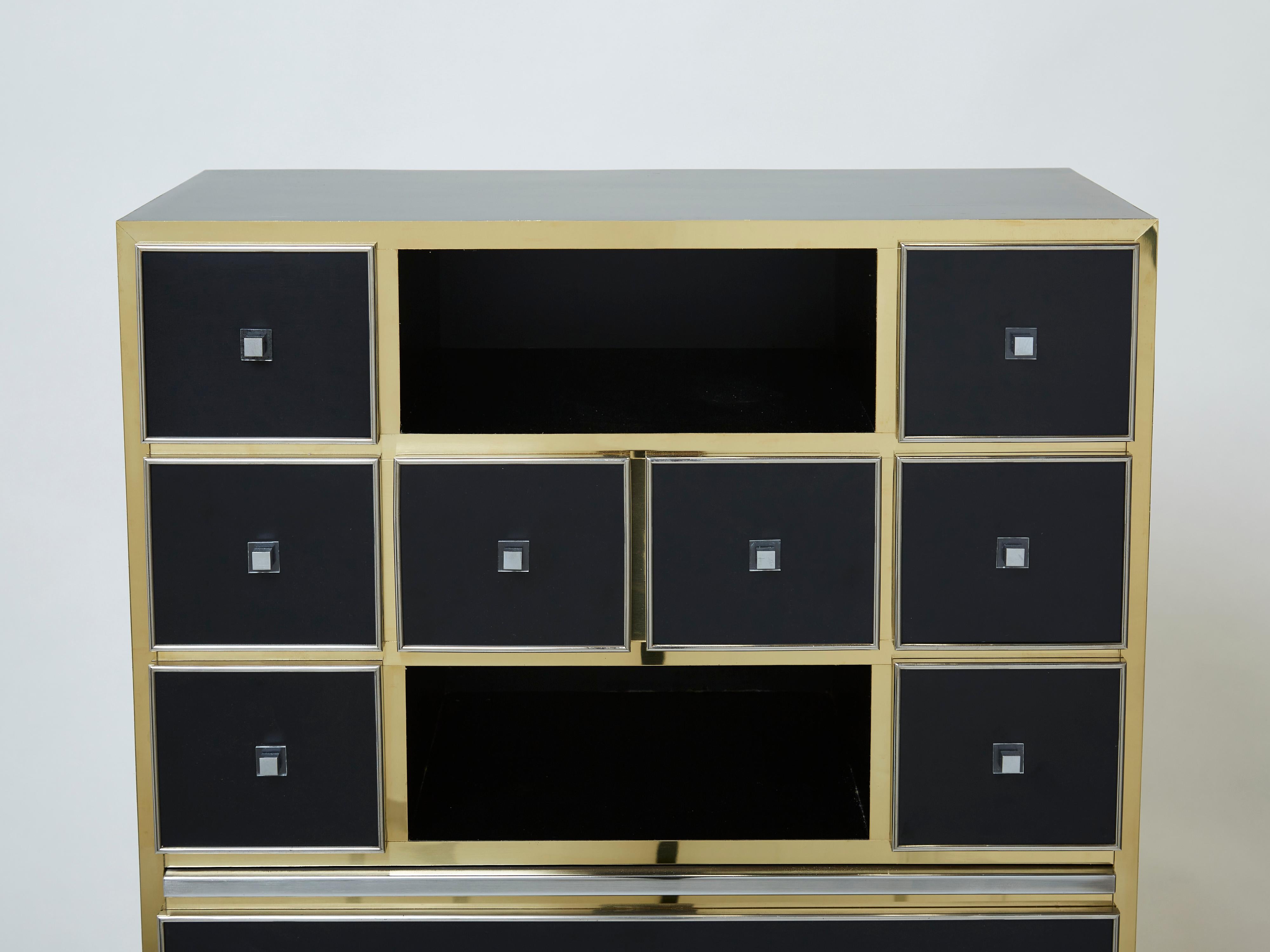 Mid-Century Modern Michel Pigneres Brass Chrome Black Cabinet Secretaire, 1970s For Sale