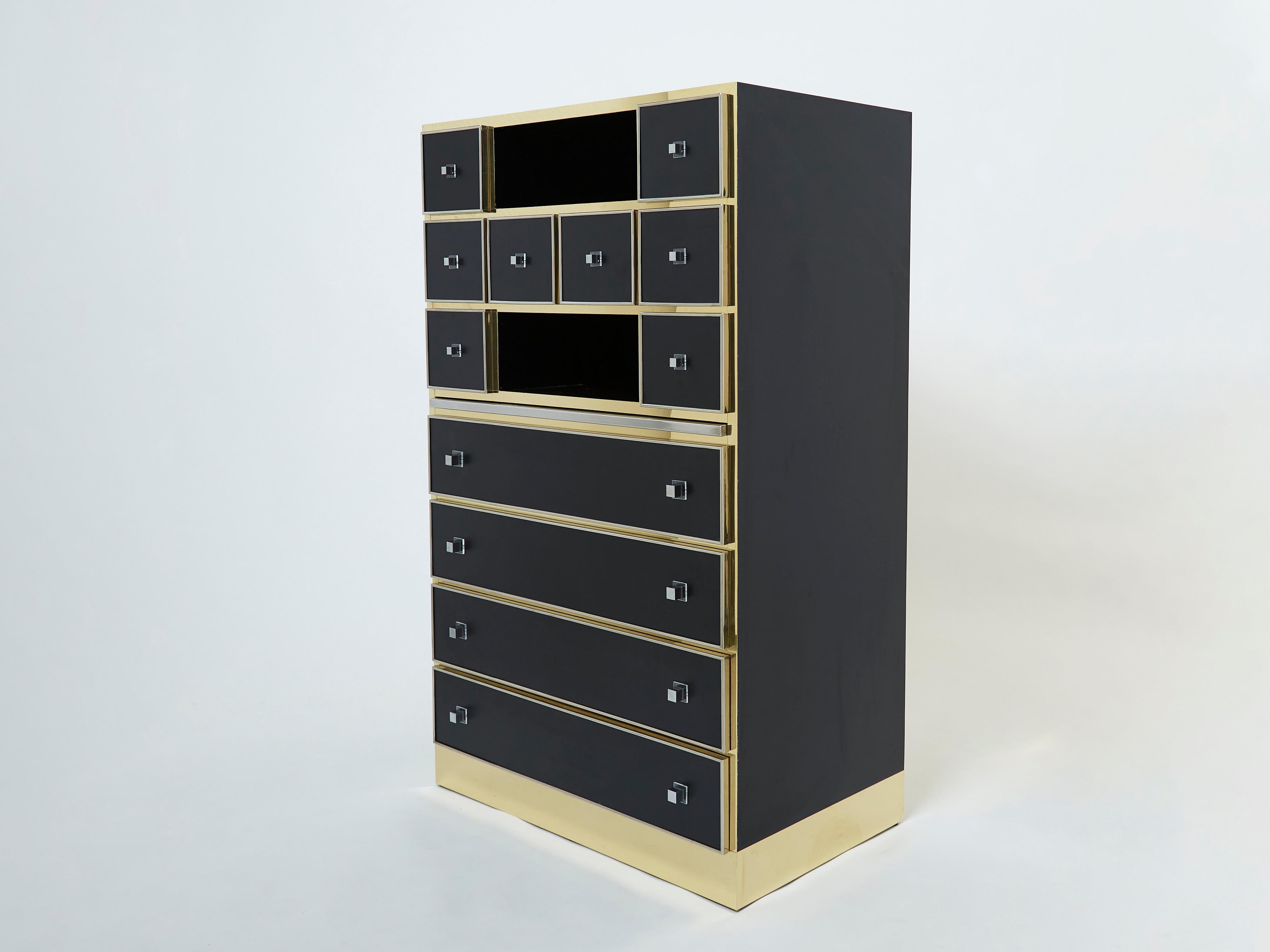 French Michel Pigneres Brass Chrome Black Cabinet Secretaire, 1970s For Sale