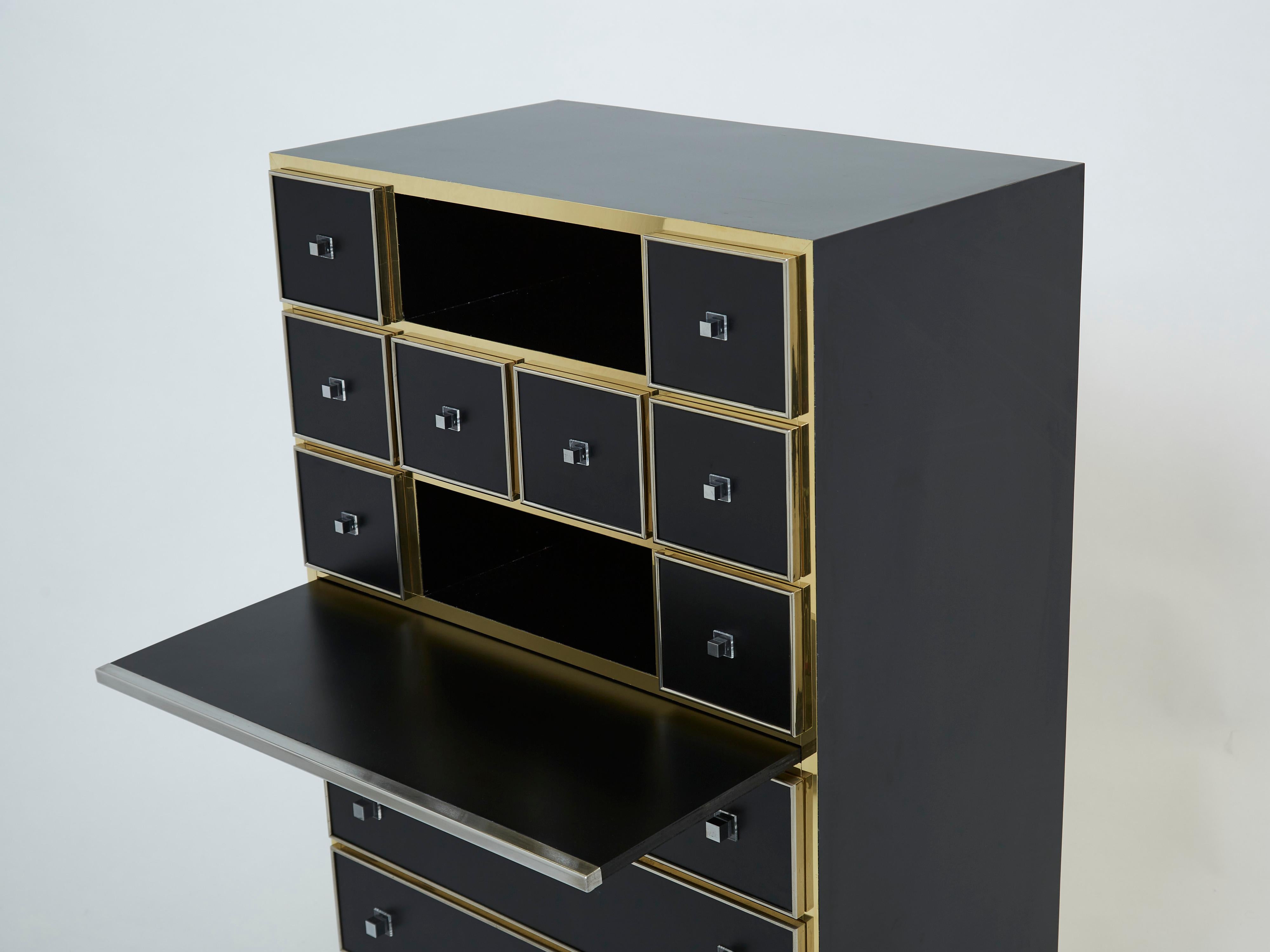 Michel Pigneres Brass Chrome Black Cabinet Secretaire, 1970s For Sale 3