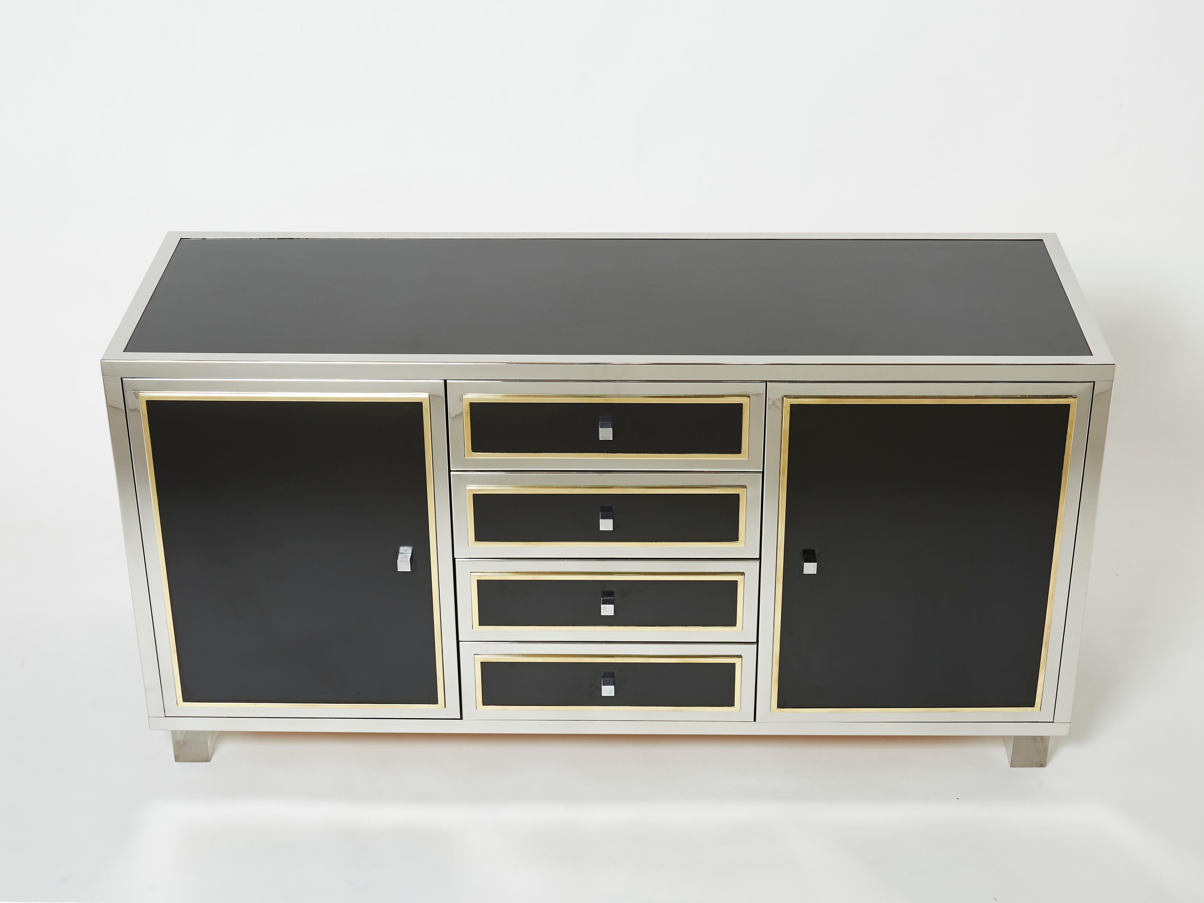 Unique French mid-century modern sideboard by Michel Pigneres made in the early 1970s. This piece is an exquisite example of refined, highly detailed and very well made furniture. It features two doors with glass shelves, and four drawers, and seat