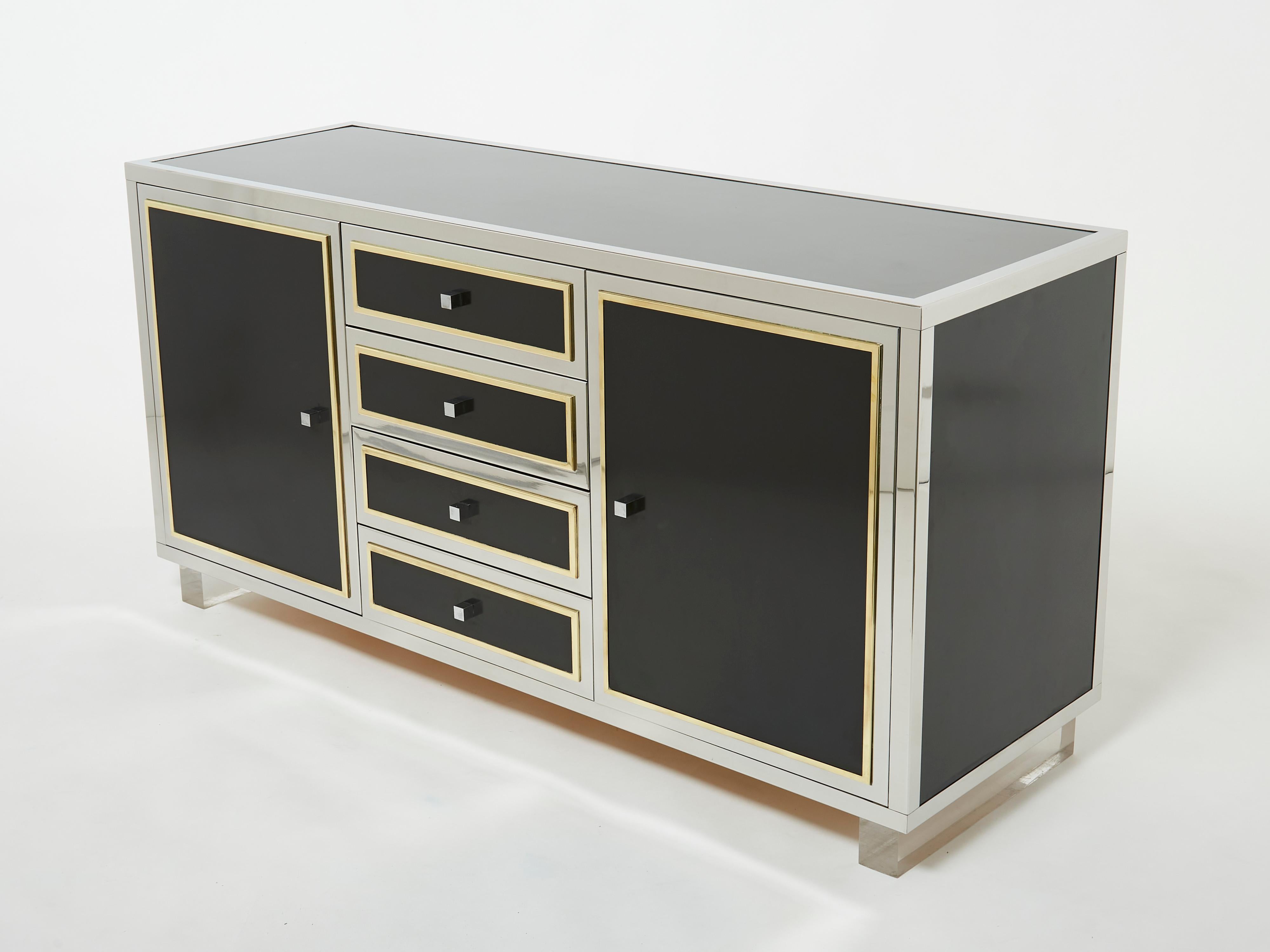 Mid-Century Modern Michel Pigneres brass chrome black lucite sideboard 1970s