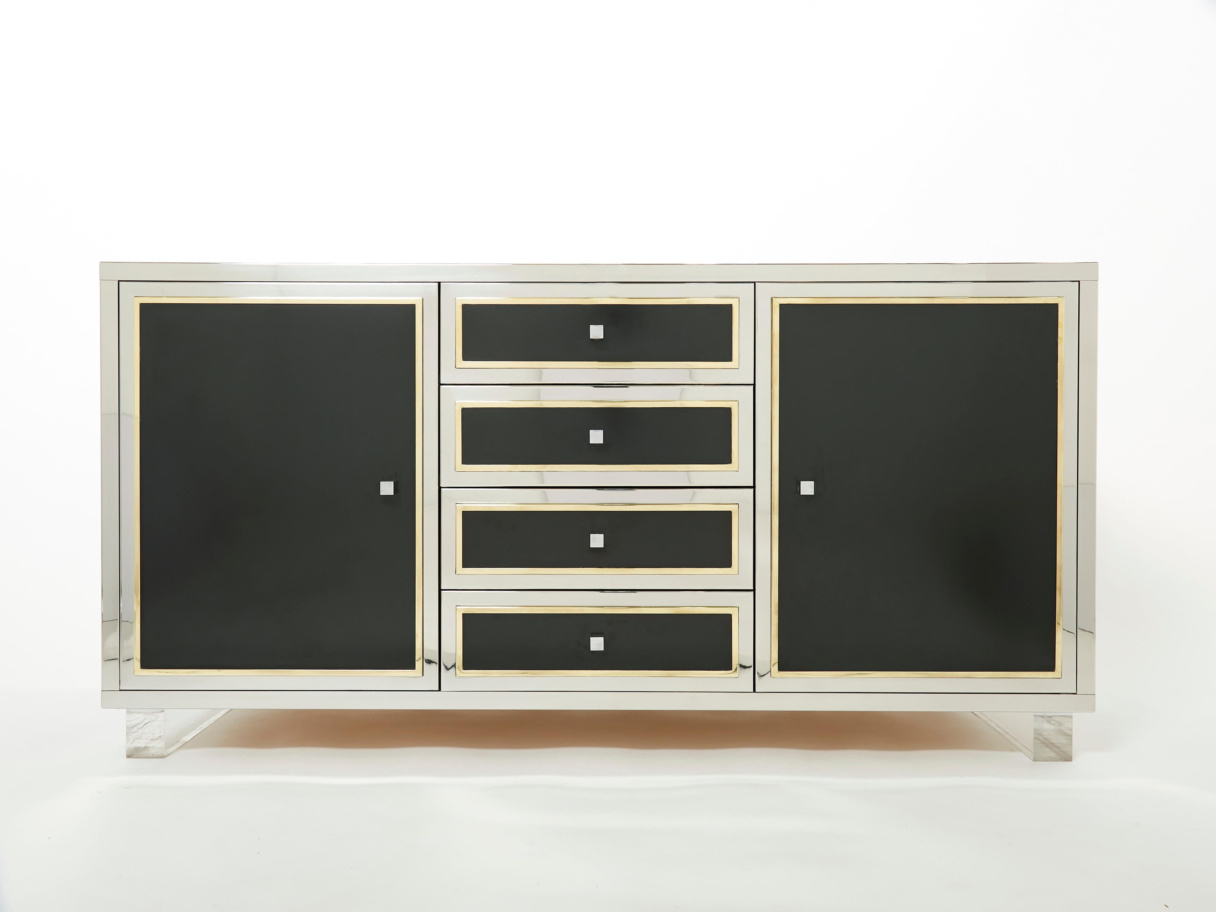 French Michel Pigneres brass chrome black lucite sideboard 1970s