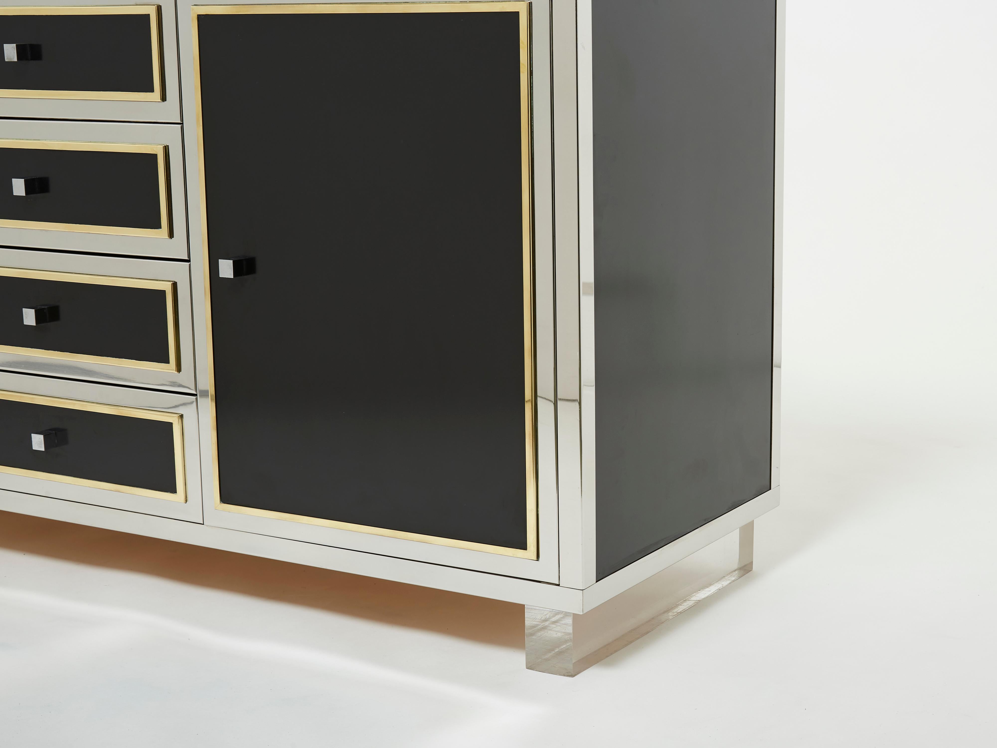Brass Michel Pigneres brass chrome black lucite sideboard 1970s