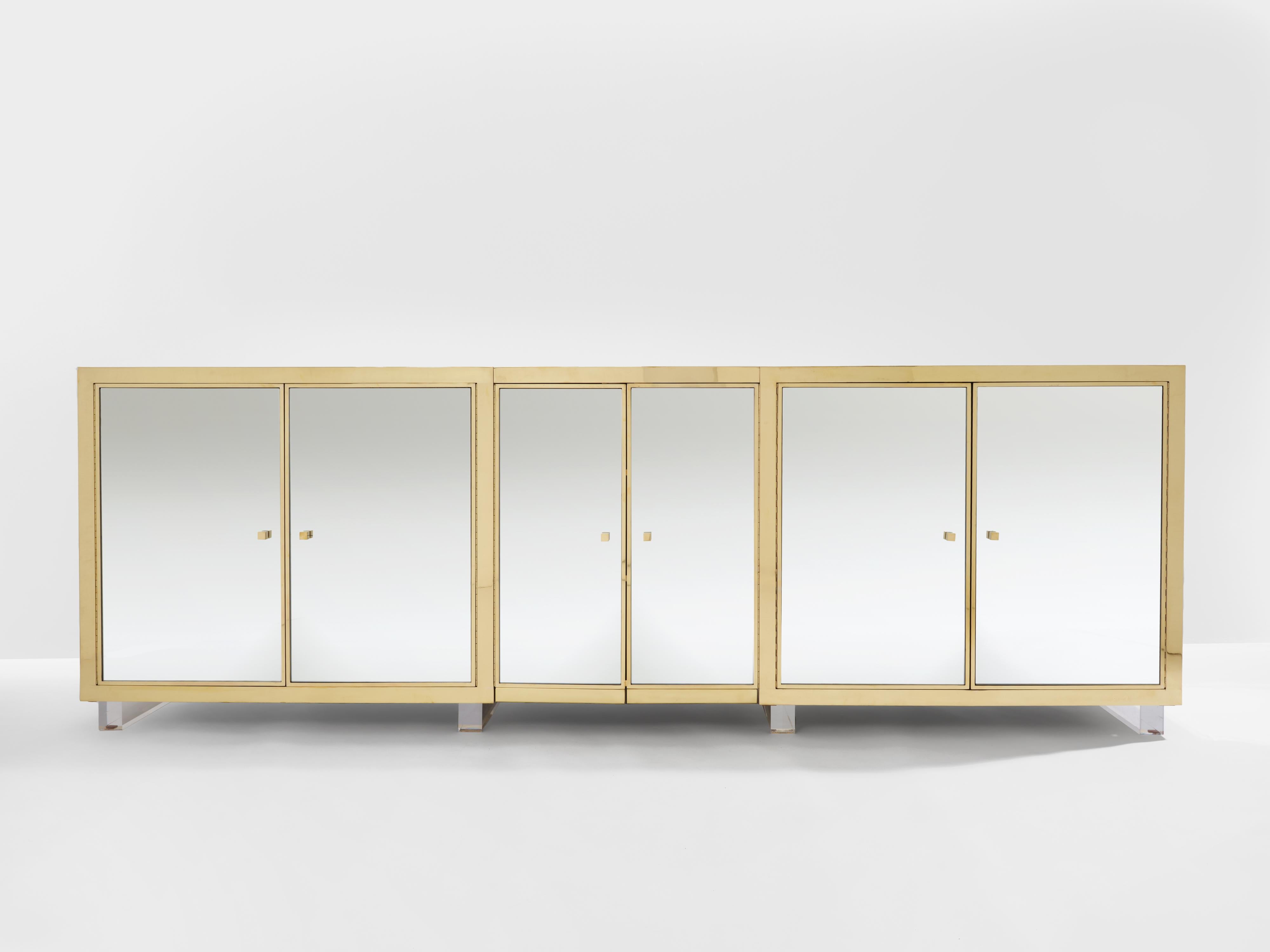 Michel Pigneres brass mirrored lucite feet sideboard 1970s For Sale 4