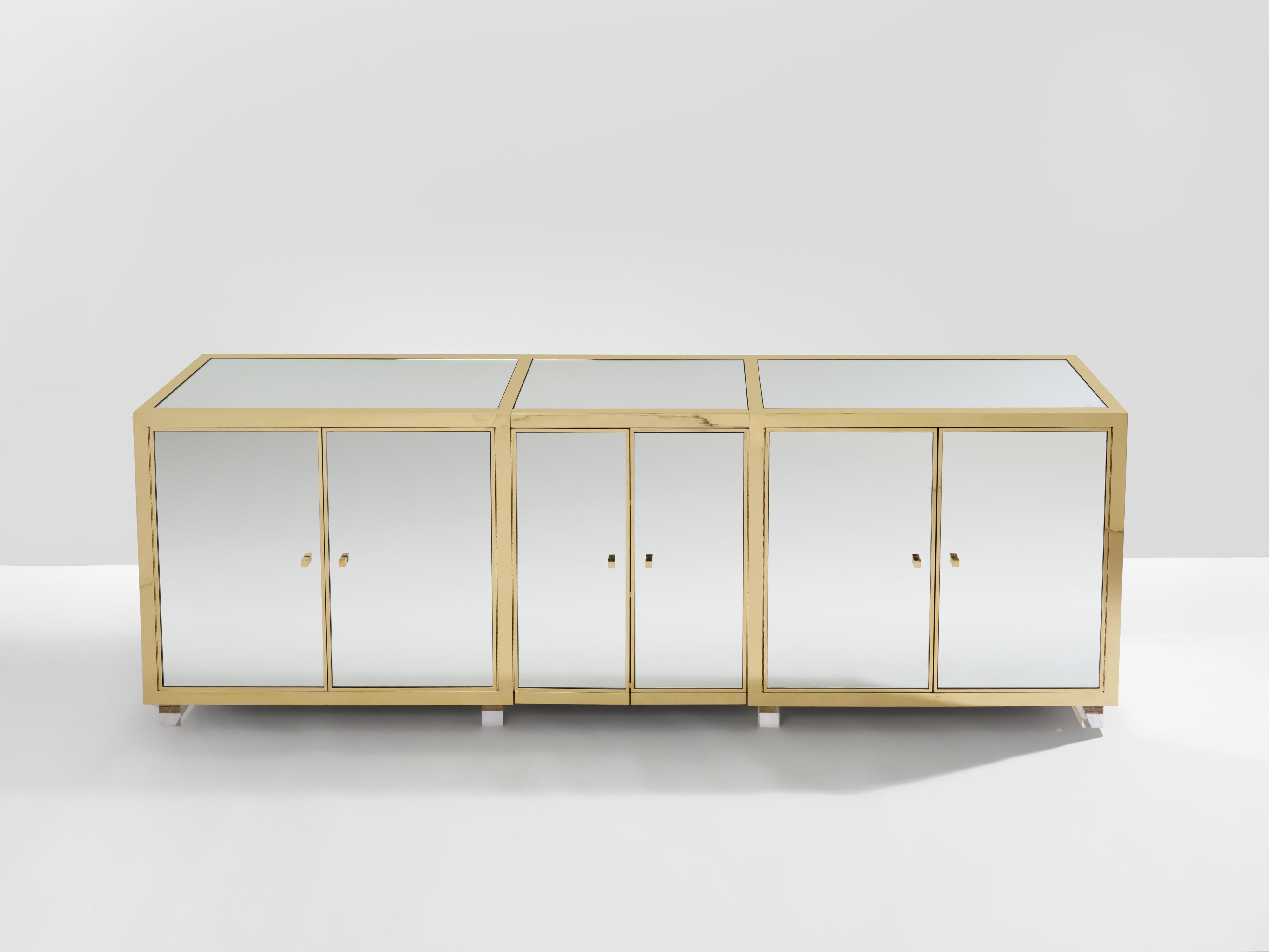 Unique French sideboard by Michel Pigneres made to order in the early 1970s. The sideboard, which was custom made for a mansion in the South of France, is made of 3 parts linked together, and is an exquisite example of refined, highly detailed and