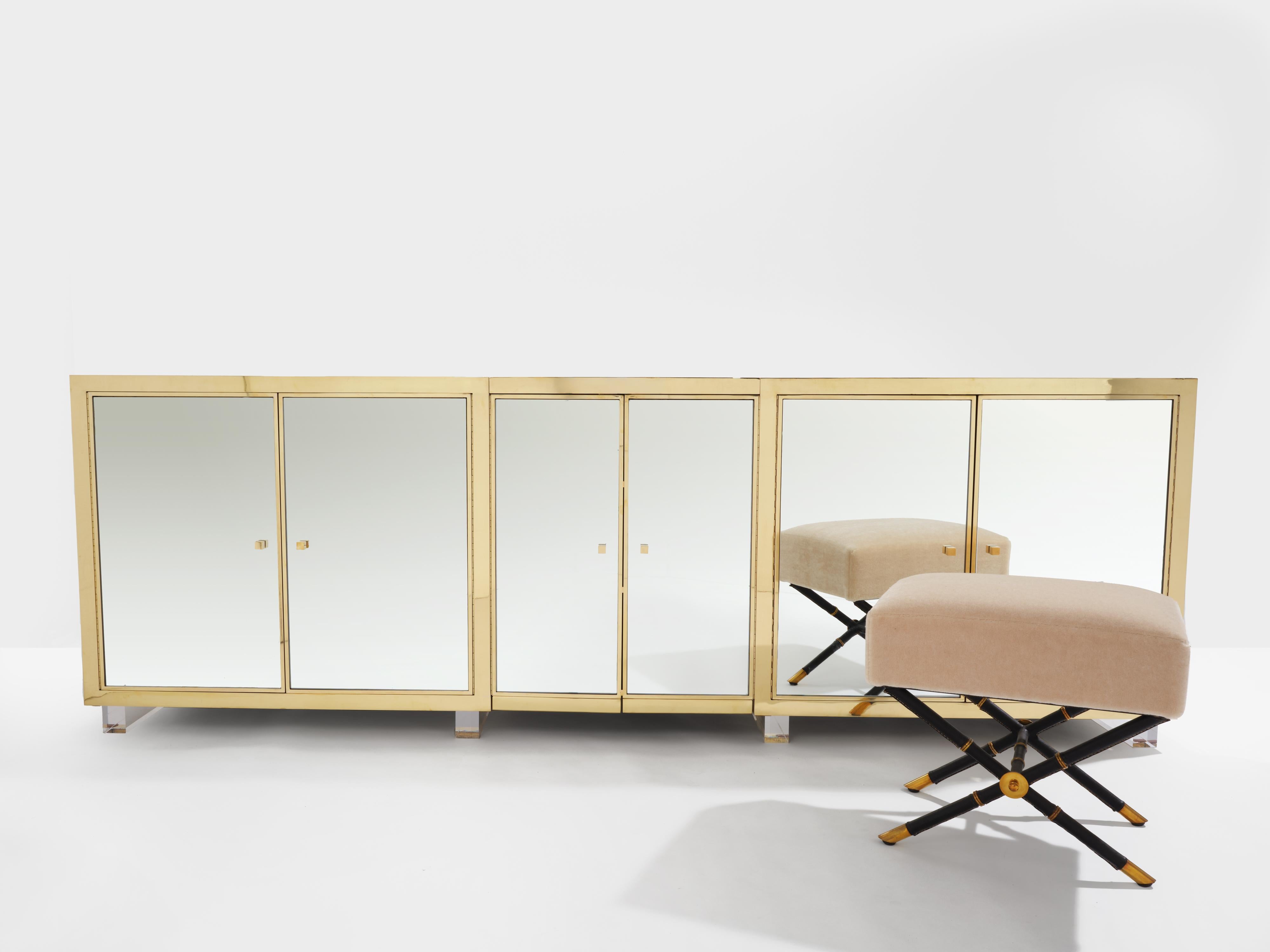 Michel Pigneres brass mirrored lucite feet sideboard 1970s For Sale 1