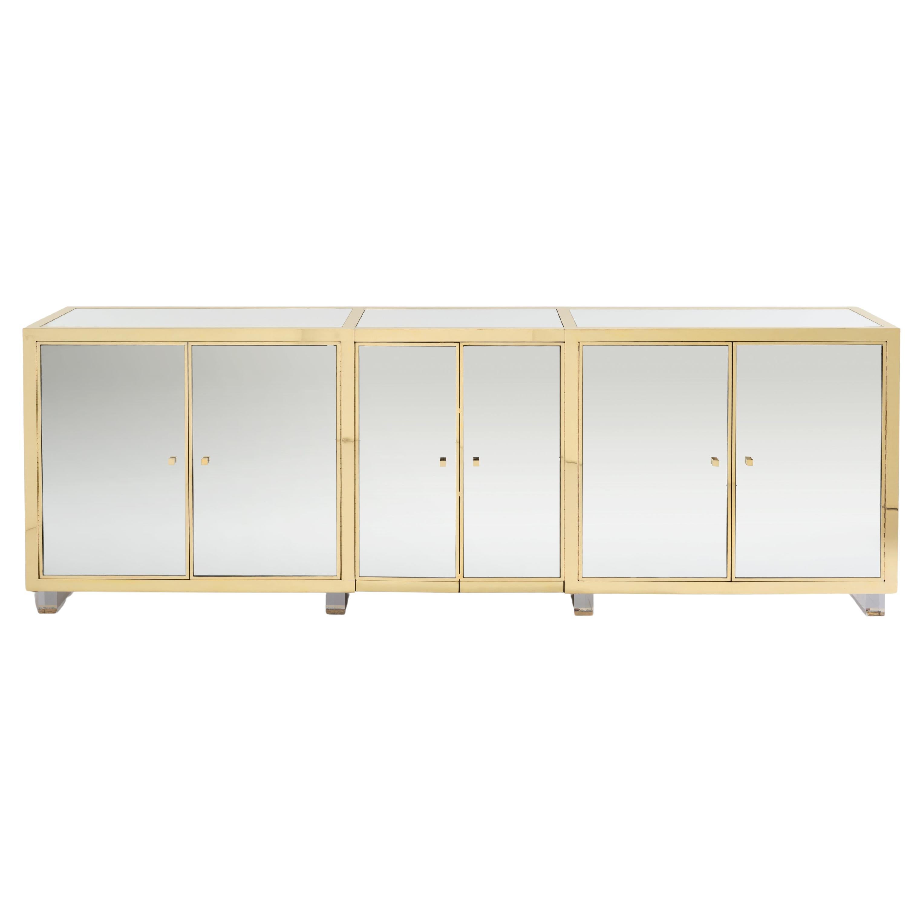 Michel Pigneres brass mirrored lucite feet sideboard 1970s For Sale