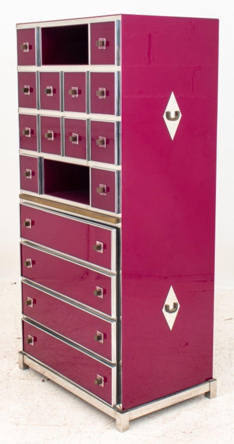 French Mid-Century Modern brass, chrome, and purple lacquer writing cabinet or secretaire by Michel Pigneres (French, XX-XXI), featuring four small drawers, and four large ones, two open compartments, with a sliding table in the middle, and one
