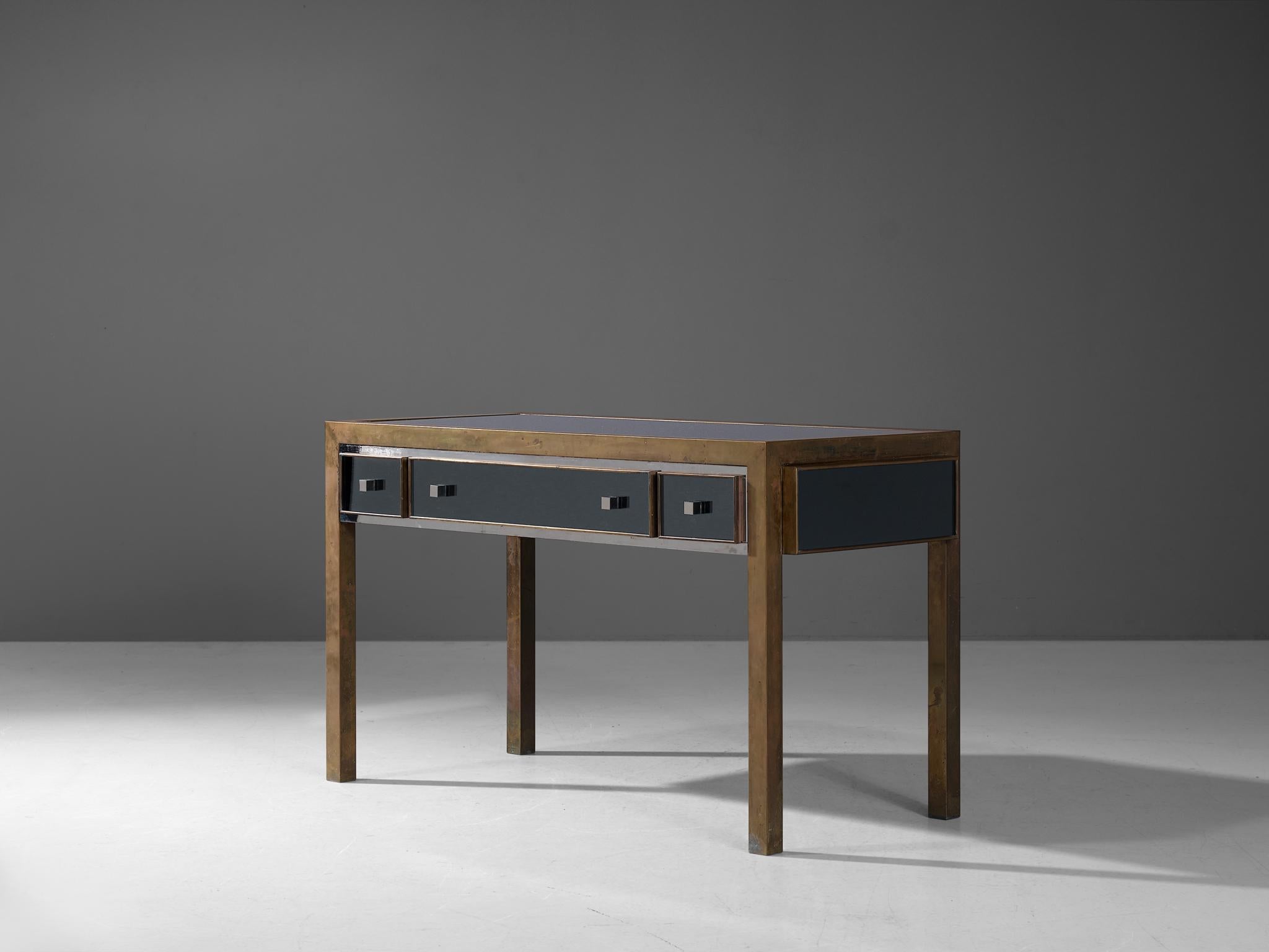 Michel Pigneres, console, lacquered metal, smoked mirrored glass, brass, steel, France, 1960s.

This exquisite console is beautifully designed featuring a nice structure of sharp lines and geometrical shapes. This item is exemplary for refined,