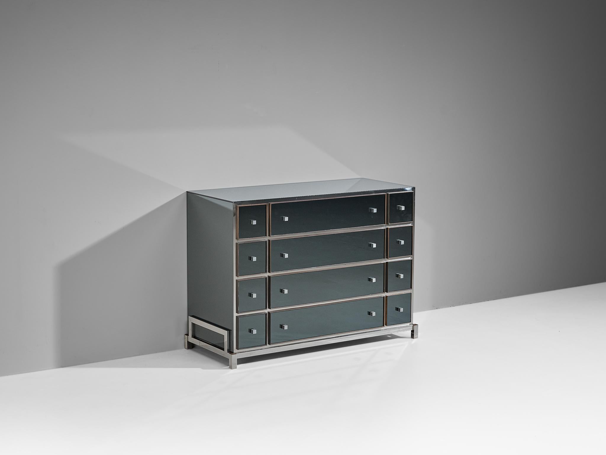 Michel Pigneres, chest of drawers, brass, chrome-plated steel, mirrored glass, France, circa 1968.

This exquisite cabinet is beautifully designed featuring a nice structure of sharp lines and geometrical shapes. This item is exemplary for refined,