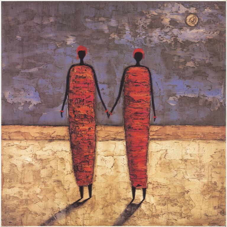 Michel Rauscher
s "Friends at Dusk" is an offset lithograph created in 2004, measuring 27.25 x 27.25 inches. The artwork portrays two women standing under the moonlight, holding hands, capturing a serene moment of companionship. Rauscher, a