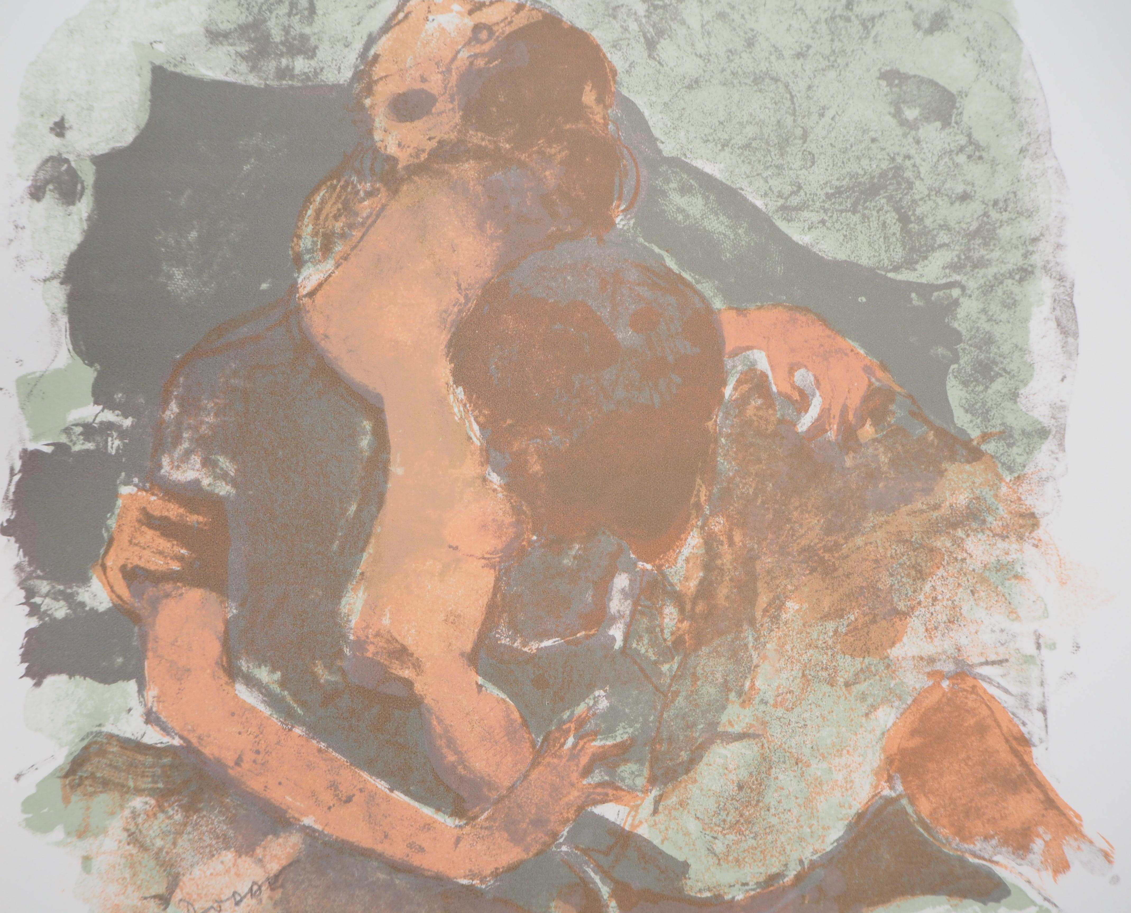 Lovers : The Erotic Hug - Original handsigned lithograph - Brown Figurative Print by Michel Rodde