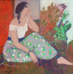Portrait d'une femme pensive, pastel à l'huile sur panneau, encadré, CIRCA 2000
