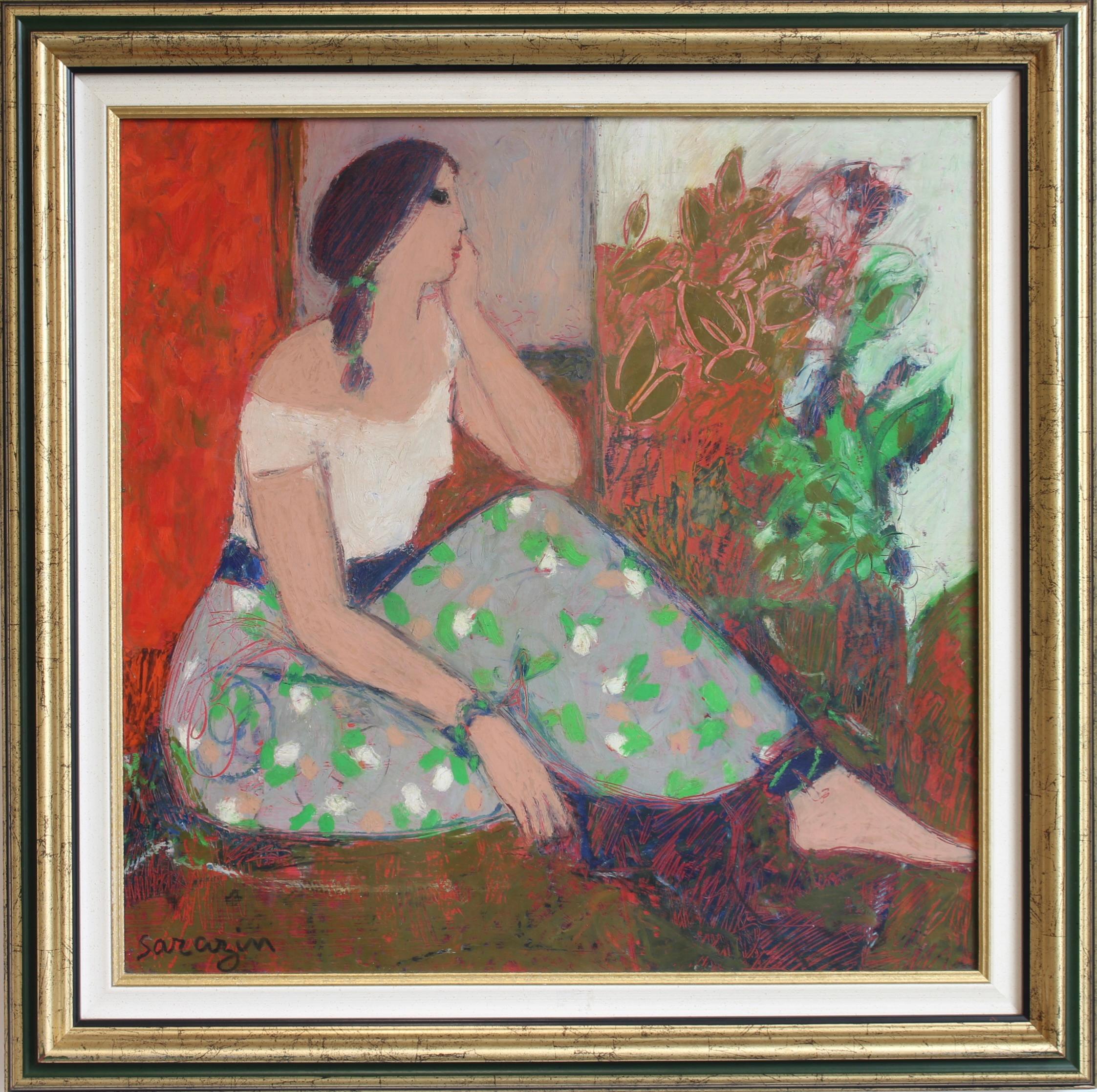 Michel Sarazin Portrait Painting - Portrait of a Pensive Woman, Oil Pastel on Board, Framed, Circa 2000