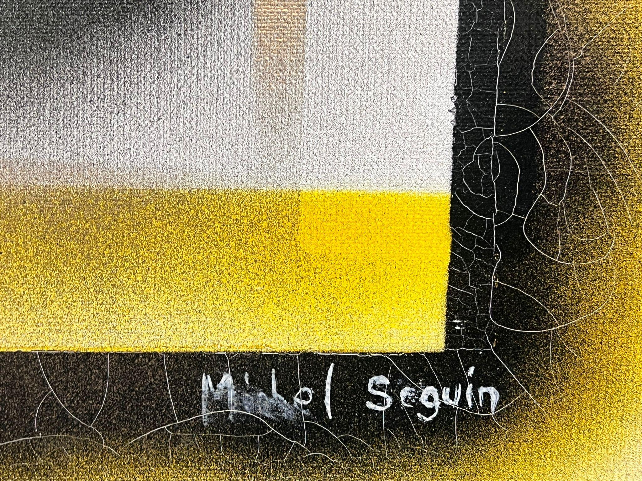 Grande peinture abstraite contemporaine française carrés noirs et jaunes - Painting de Michel Seguin