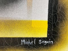 Large French Abstract Contemporary Painting Black and Yellow Squares