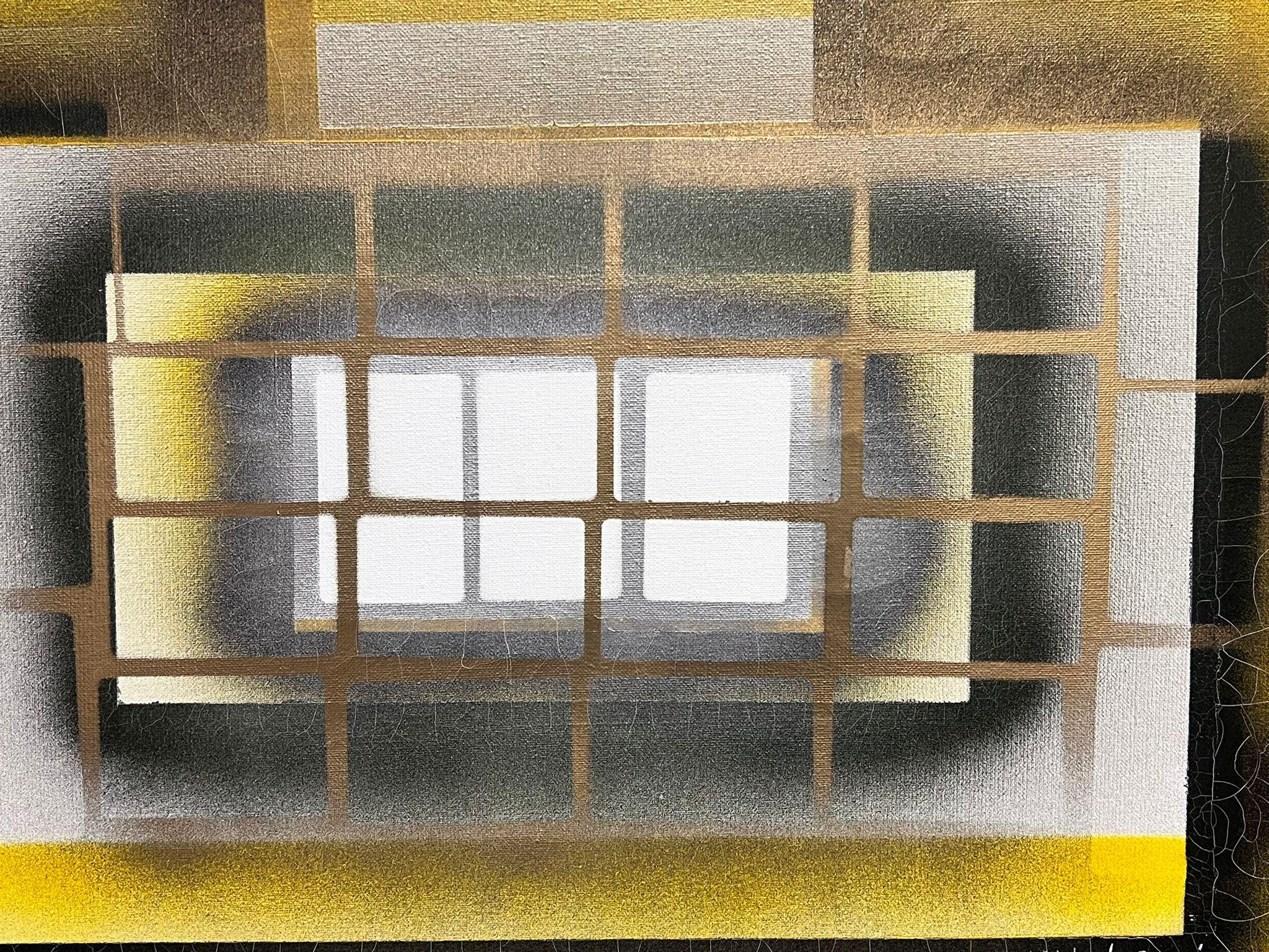 Grande peinture abstraite contemporaine française carrés noirs et jaunes en vente 1