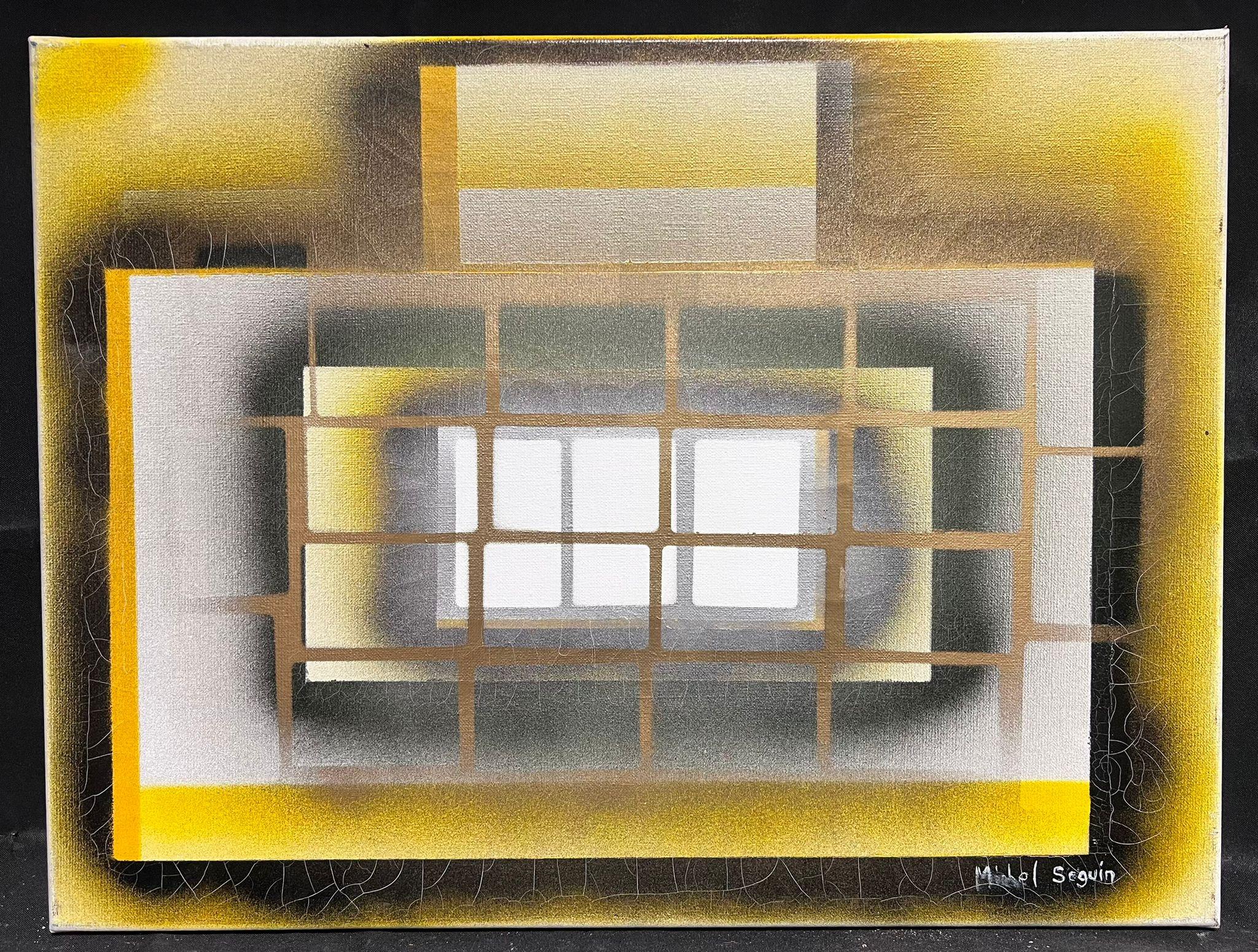 Grande peinture abstraite contemporaine française carrés noirs et jaunes en vente 2