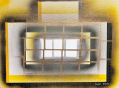 Grande quadro astratto francese contemporaneo a quadretti neri e gialli