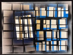 Large French Abstract Expressionist Painting Contemporary Black Blue Squares
