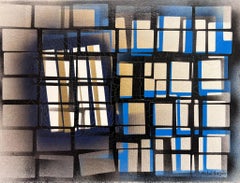 Grande peinture expressionniste abstraite française contemporaine carrés noirs et bleus