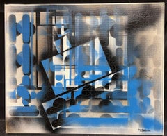Large French Abstract Expressionist Painting Contemporary Black Blue & White